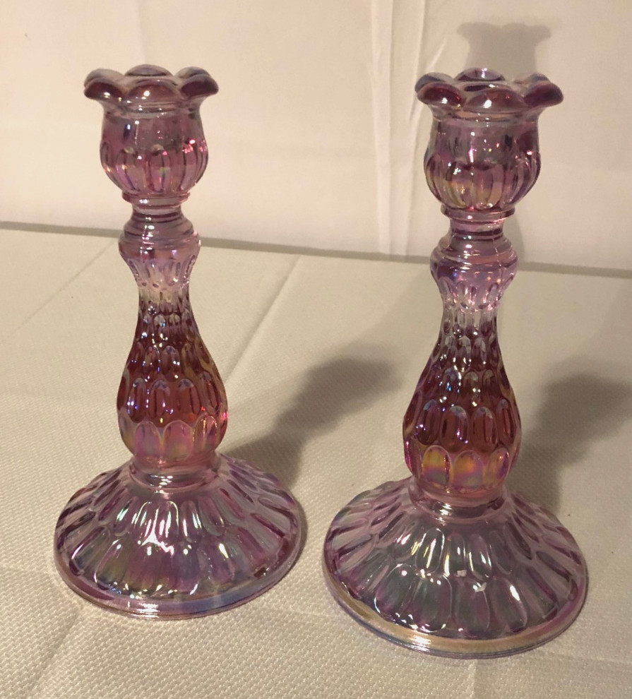 Vtg Fenton Thumbprint Pink/Purple Iridescent Carnival Glass Candlestick Holder