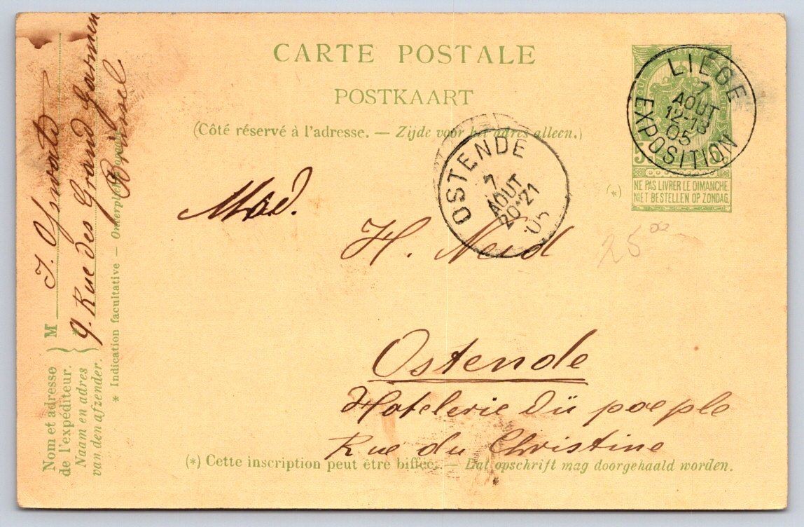 Antique Belgium Postcard OSTENDE Exhibition Postmark 1905 Antique Belgium Postcard OSTENDE Exhibition Postmark 1905