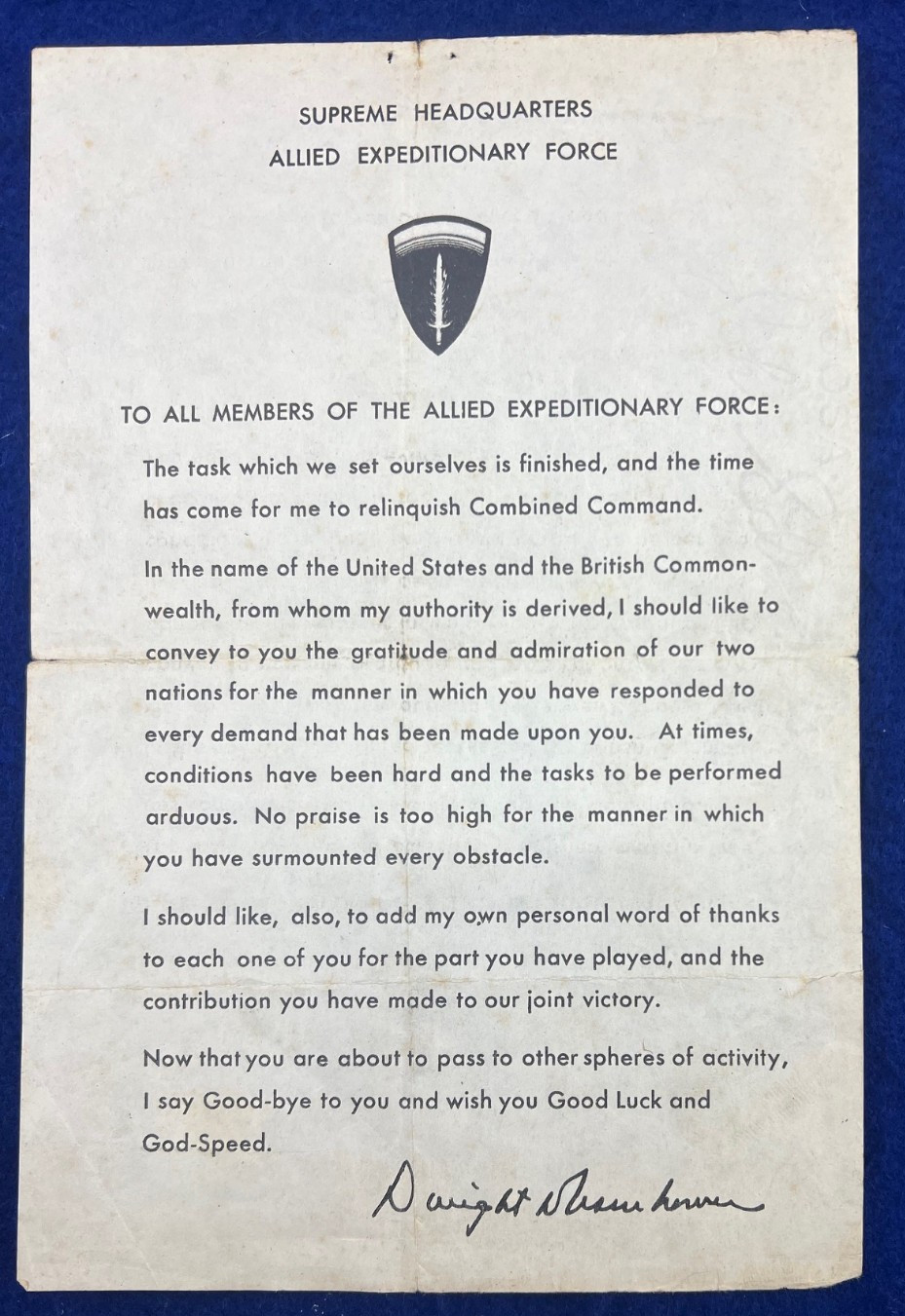 WWII Gen Dwight Eisenhower Victory Farewell Message of Gratitude 1945 President