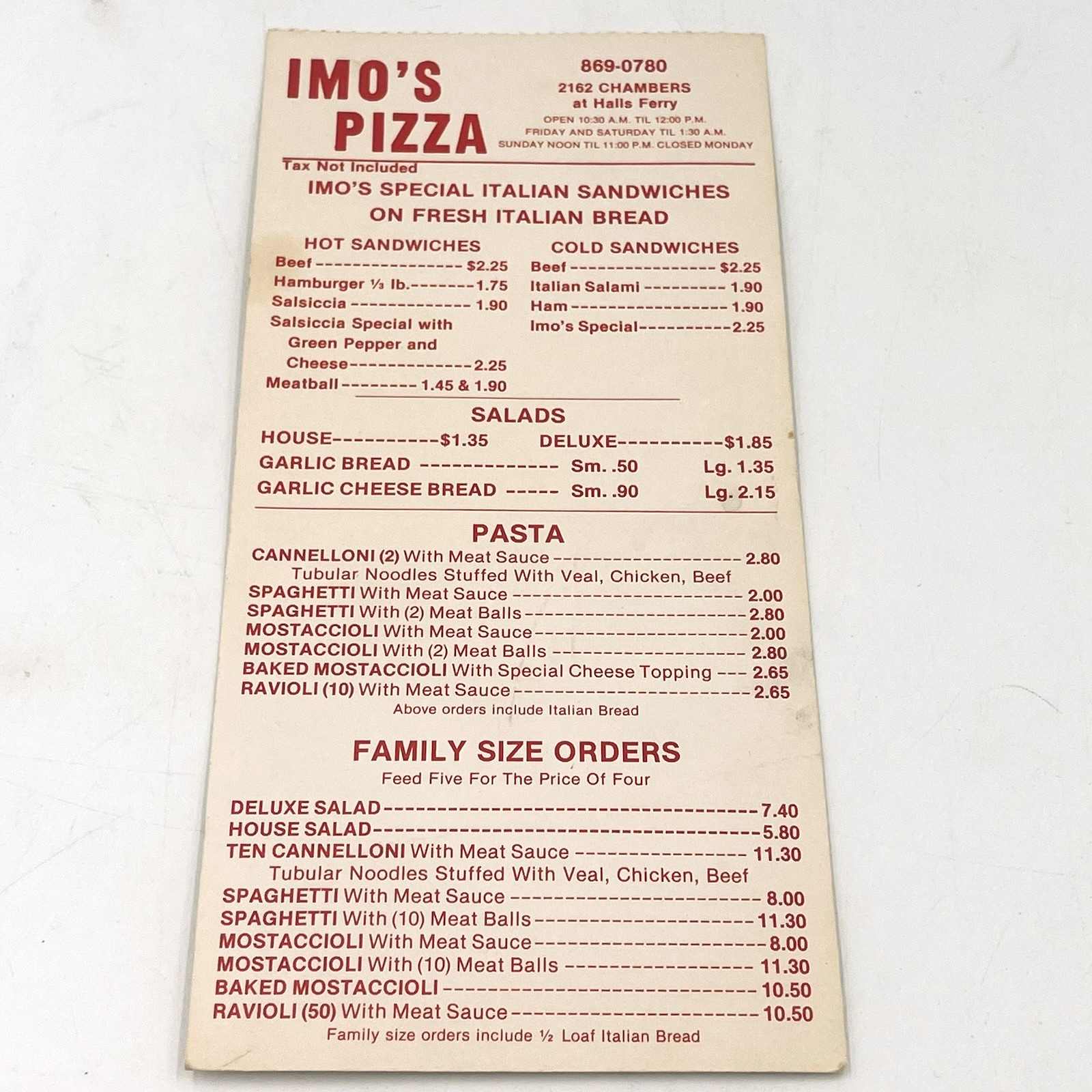 Imo\'s Pizza Menu Vintage St Louis MO 2162 Chambers Rd Halls Ferry BK0