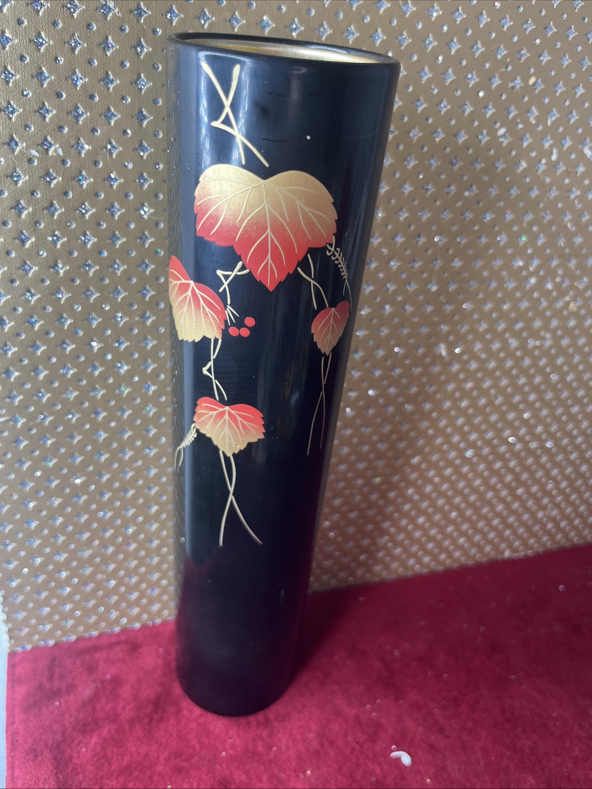 Japanese Wajima Black Lacquer Vase Leaves 10”