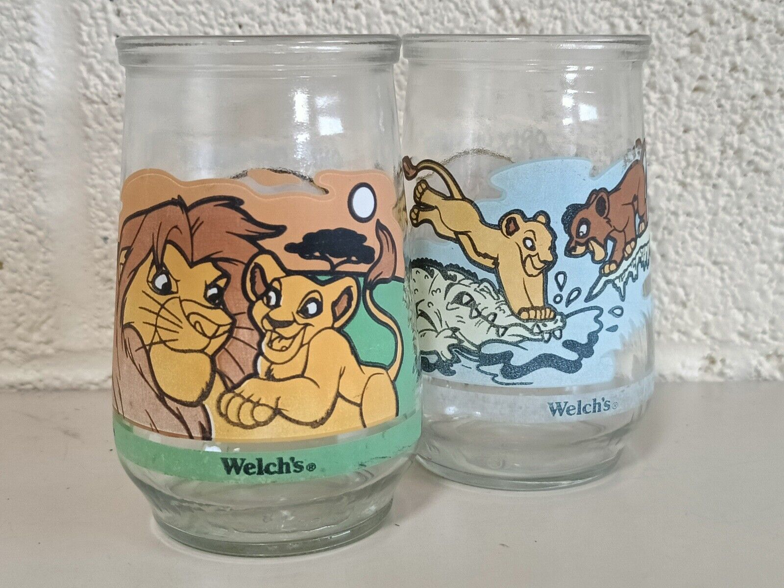 2 1995 Welch\'s Jelly Jar Glasses Disney\'s The Lion King 2 Simba\'s Pride #1 # 5