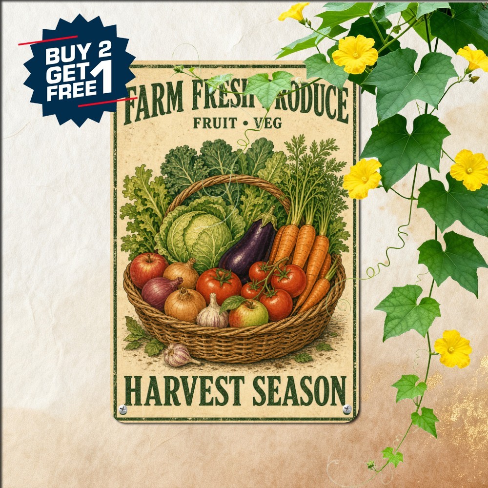Fresh Fruit And Vegetable Basket Poster Rustic Country Kitchen Metal Plaque