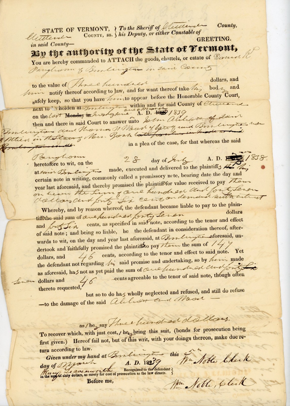 1839 Vermont Legal Document Court Burlington Promissory Note Signed Wm Noble