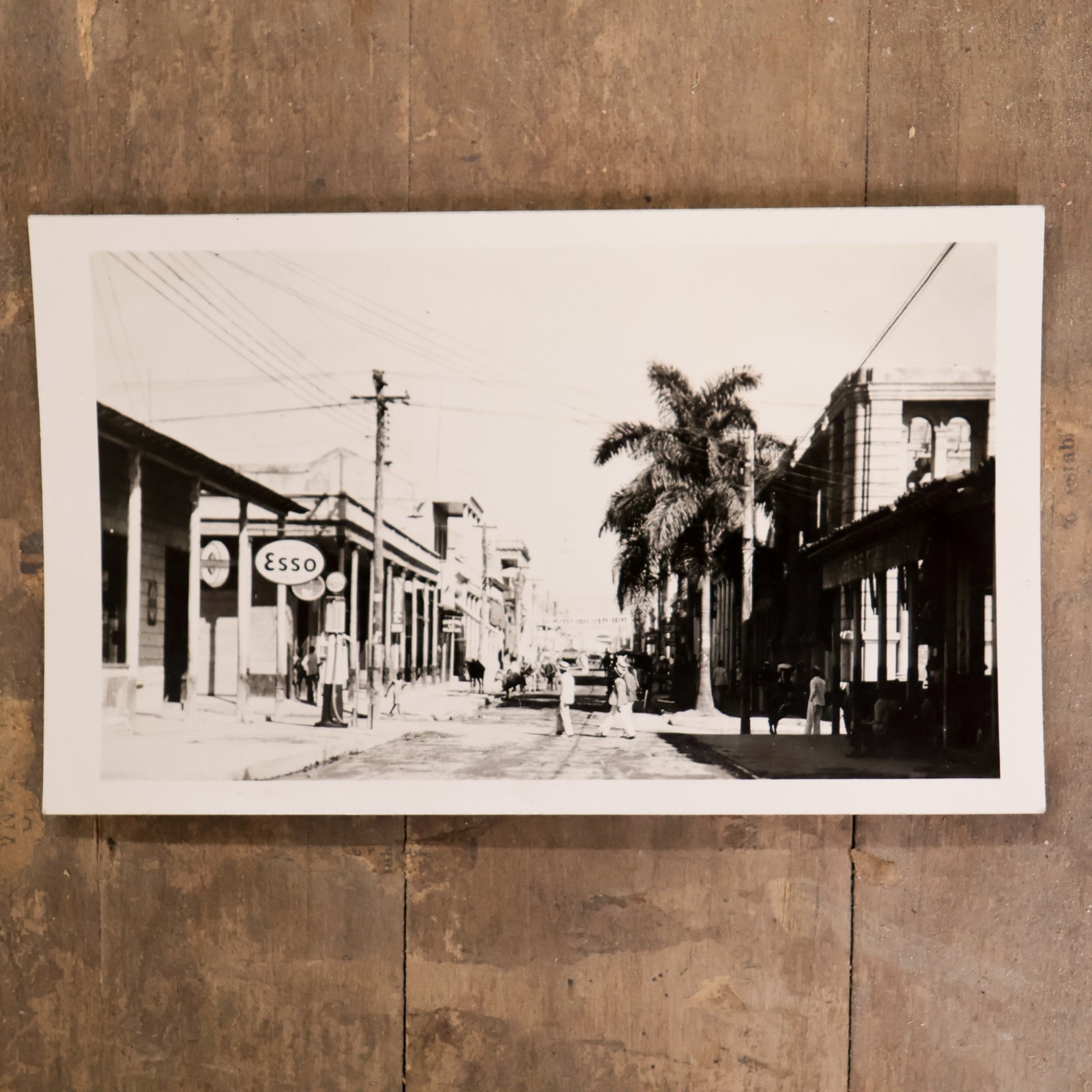 Vintage Photo Esso Service Station Gas Pumps Snapshot Black & White Street Scene