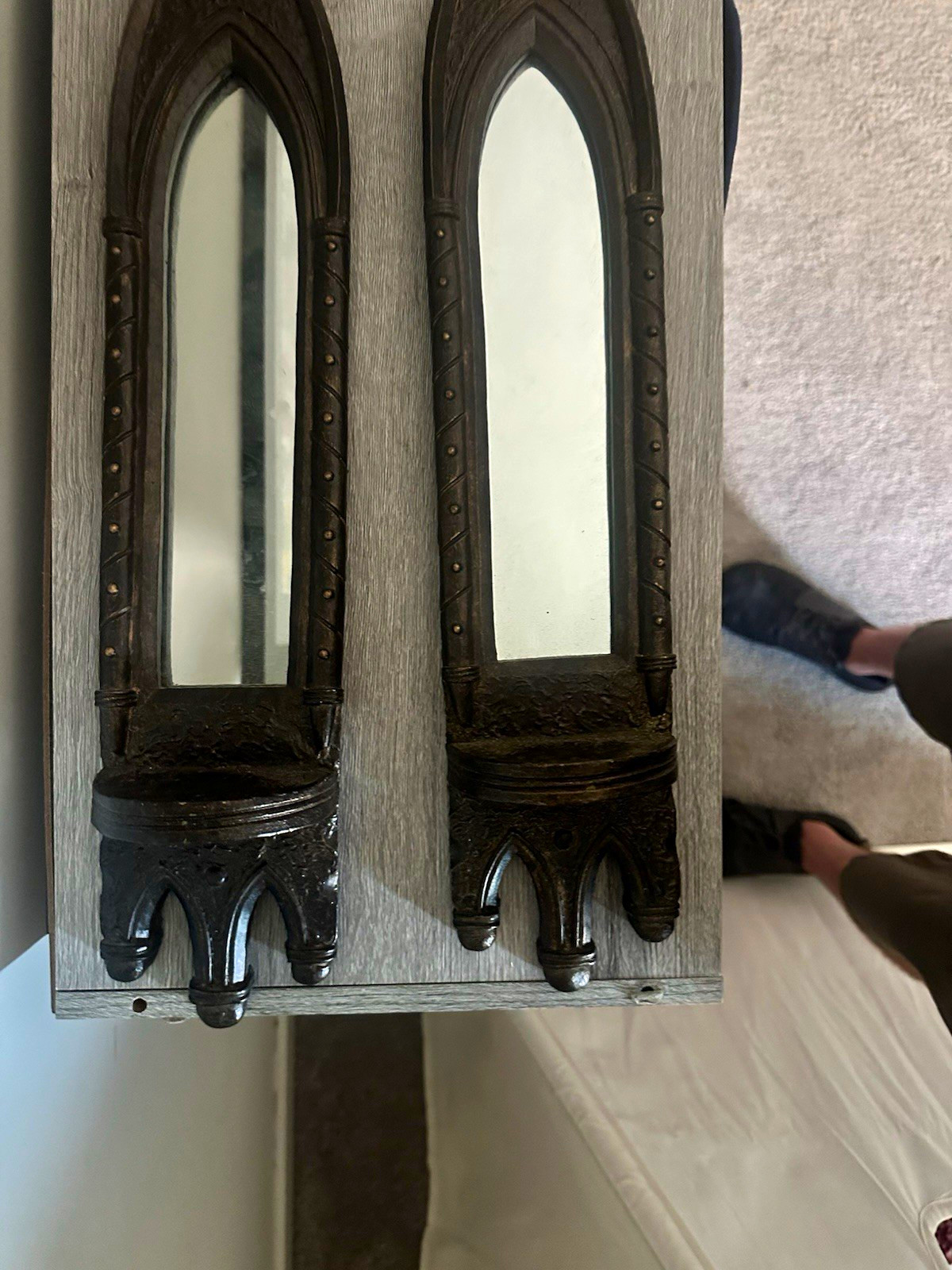 Gothic Arch Wall-Mounted Wood & Glass Mirror Panel Candle Sconces, Pair