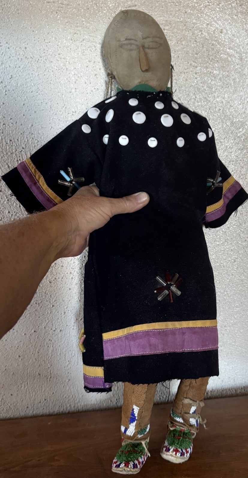 19th c.,Antique Native American Oglala Sioux Doll Hide Beaded 21” Button Dress