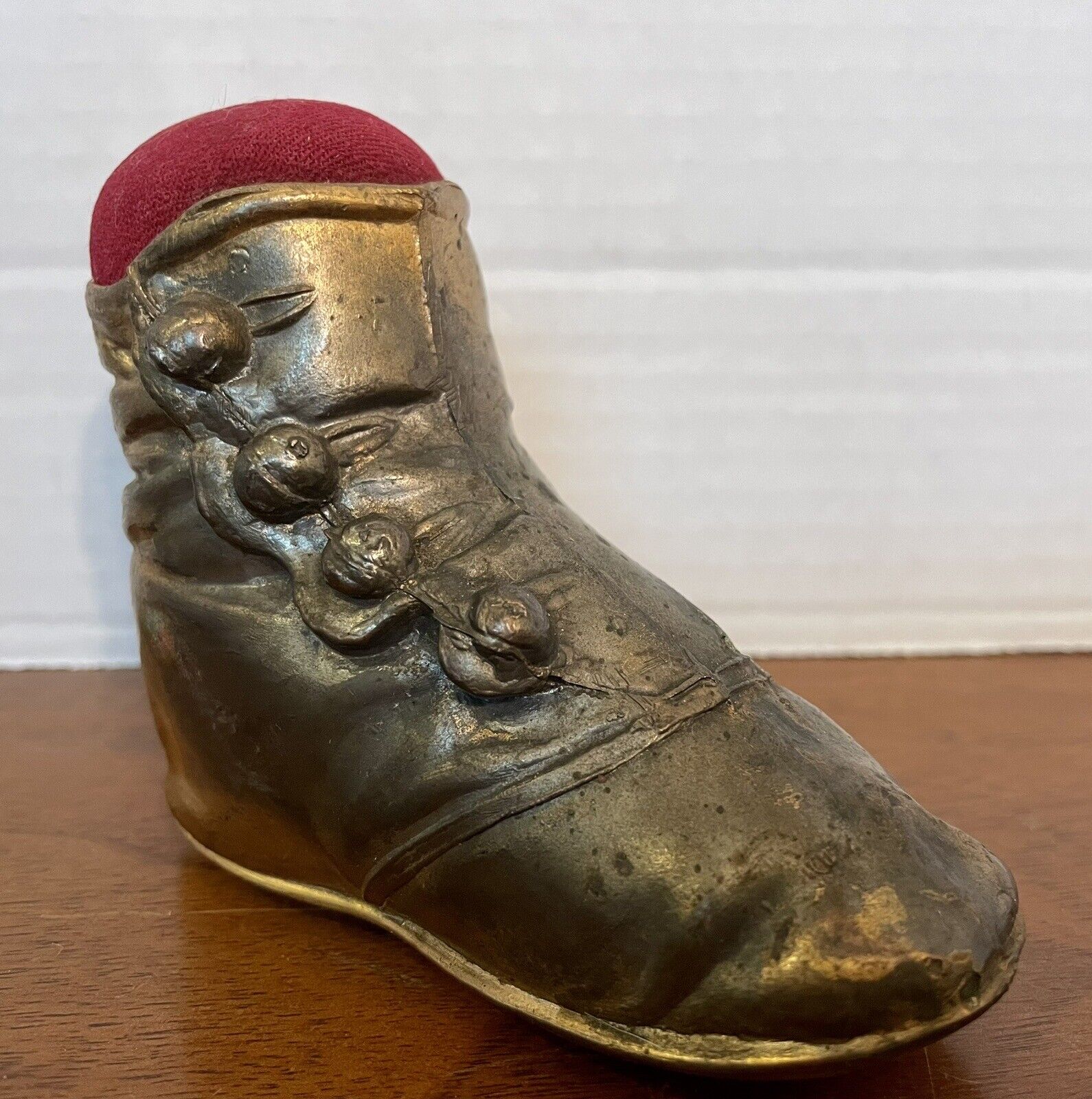 Vintage Bronze Baby Shoe PIN CUSHION Velvet U.S.A.