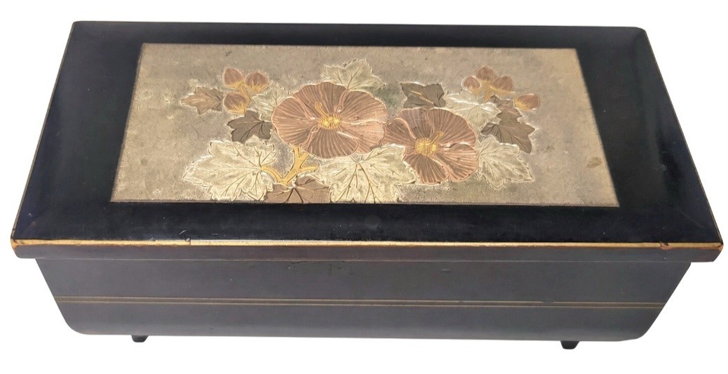 Vtg Japanese Black Lacquered Chokin Art Musical Jewelry Box Floral Vintage (Read