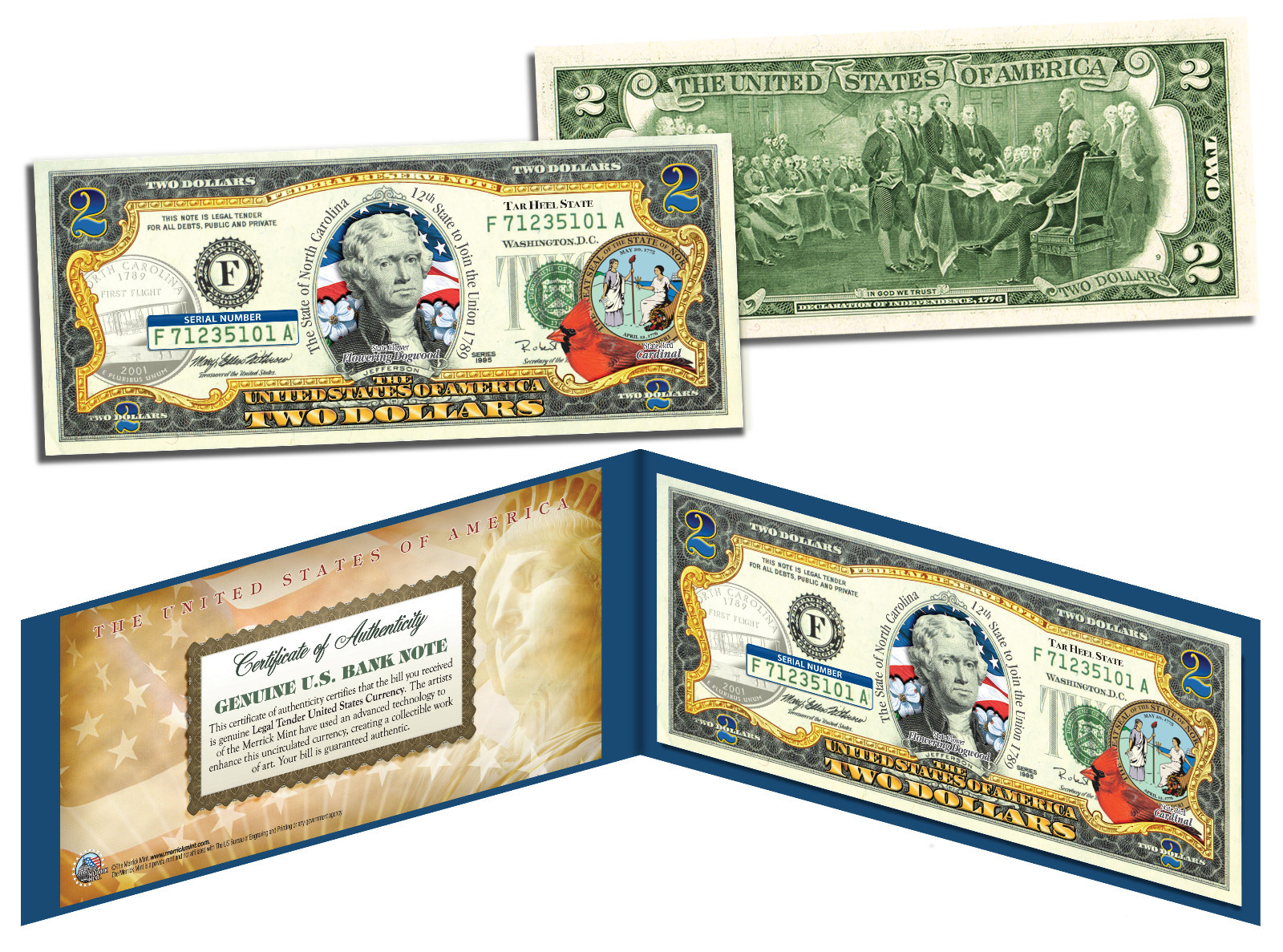 NORTH CAROLINA Statehood $2 Two-Dollar Colorized US Bill NC State *Legal Tender*