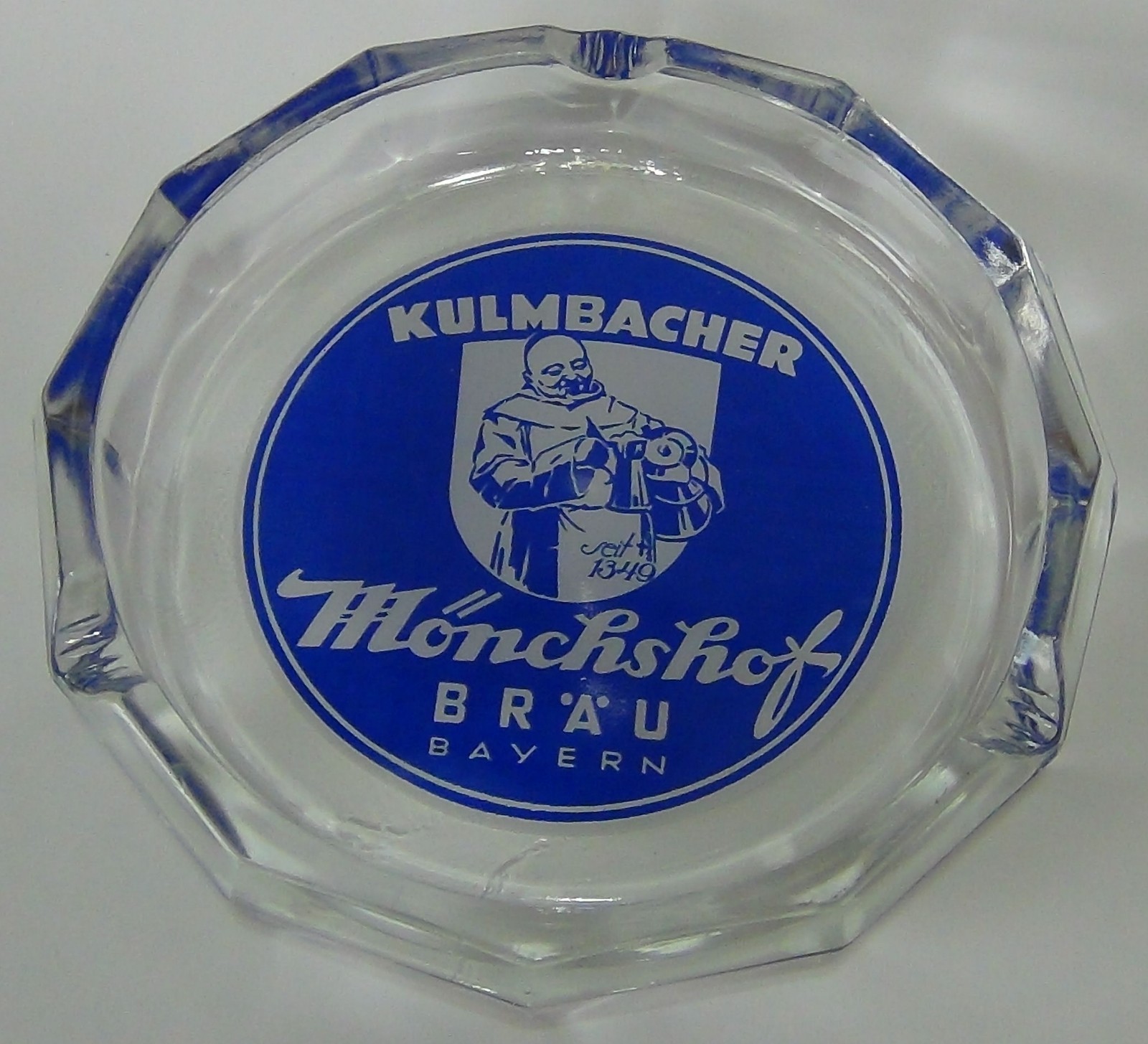 🍺 Vintage Kulmbacher Monchshof Brau Blue Glass Ashtray German Monk Beer Bar 7\