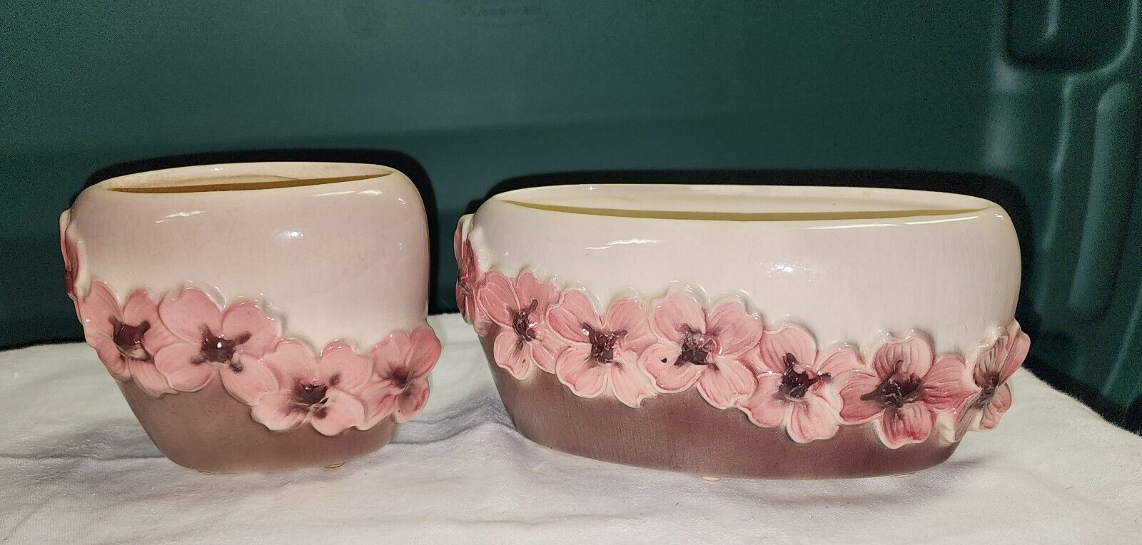Pair Of Vintage Royal Copley Ceramic Pink Dogwood Oval Planter Vases