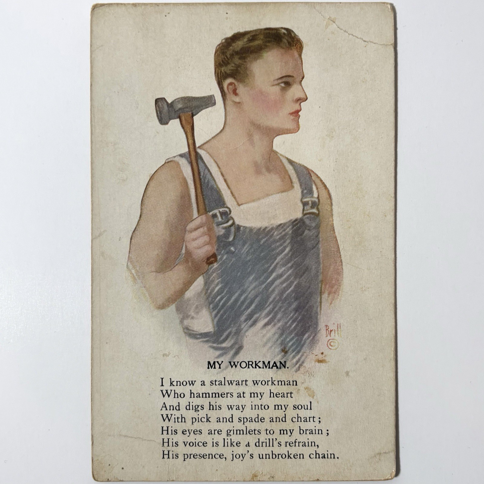 1911 My Workman Brill Vintage Postcard Antique Comic Poem Man Hammer Overalls