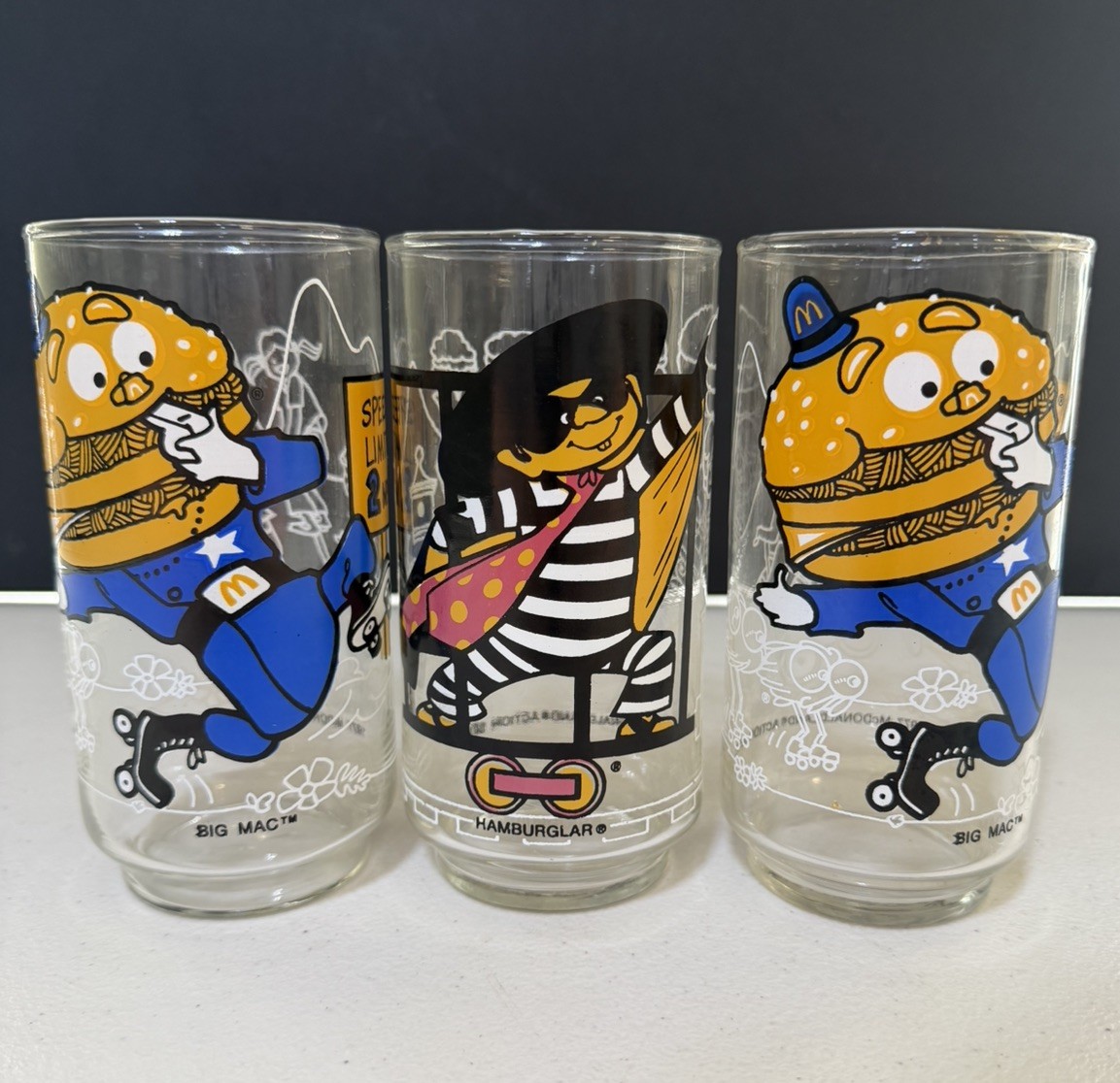 Vintage Set of 3 1977 McDonalds Collector Glasses - Big Mac - Hamburgler