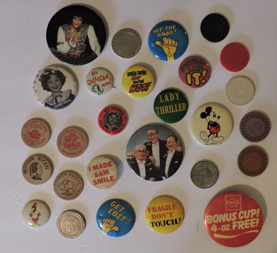 Vintage Lot Pinback Buttons,Mirrors,Wooden Nickels-Elvis,Shirley Temple,Coke