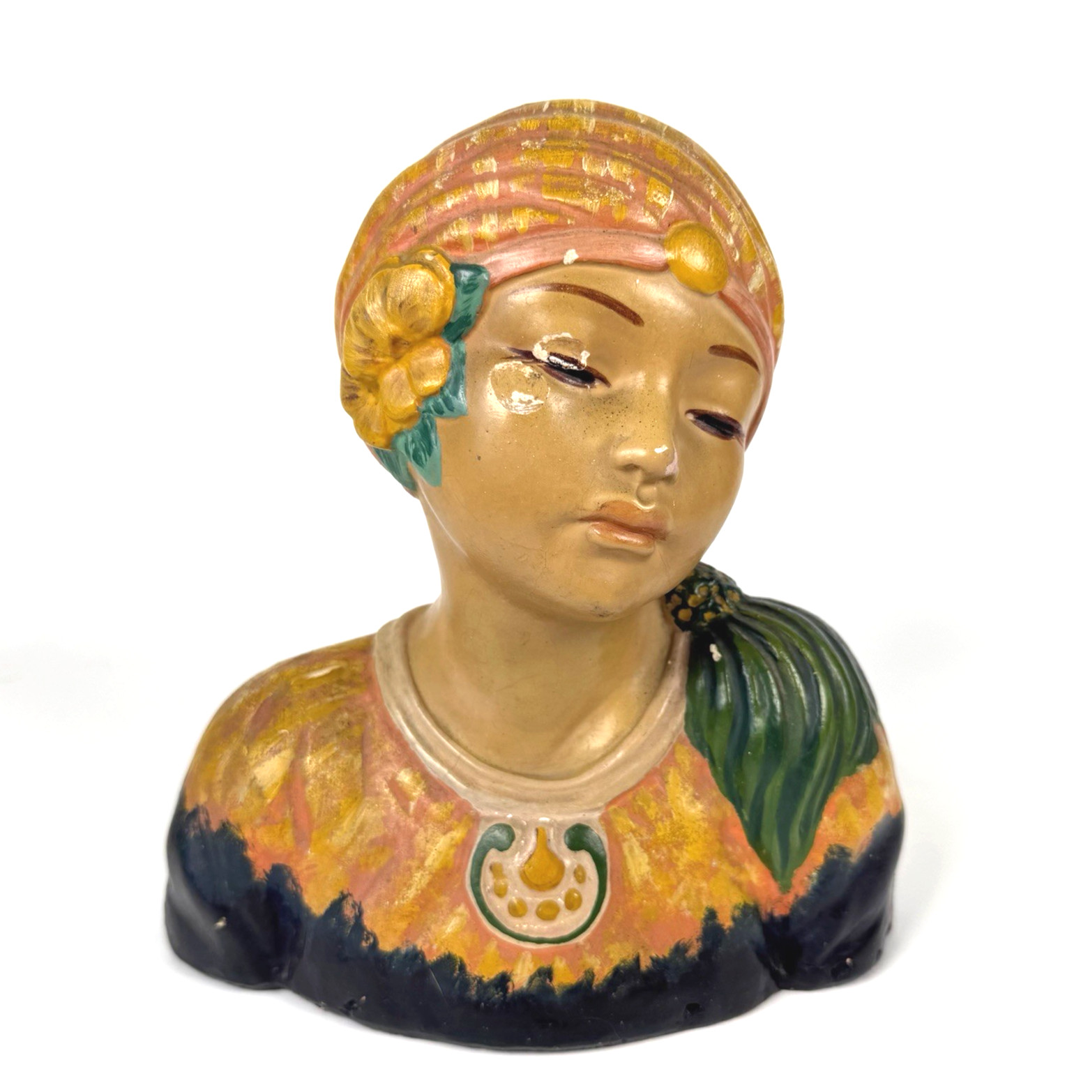 1920s Leon Fighiera Chalkware Bust Female Gypsy Sculpture Italian American