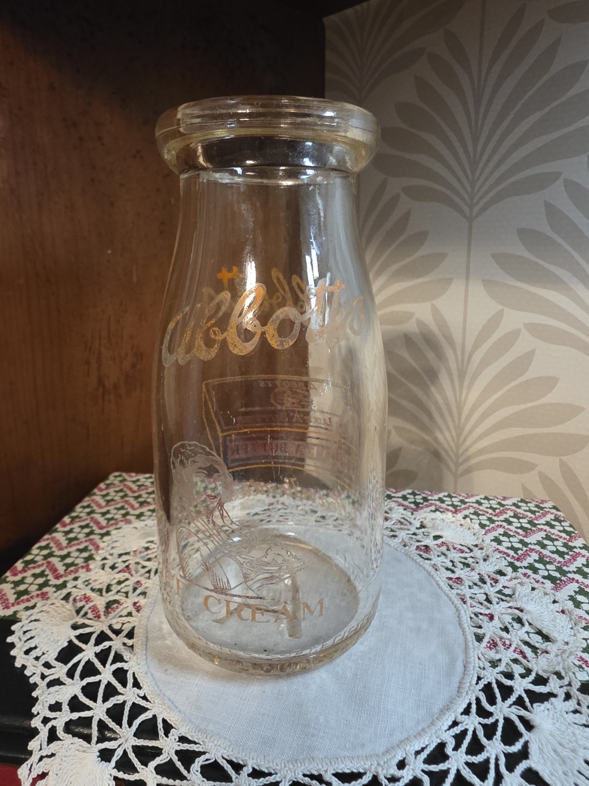 Vintage Abbott's Dairies Glass Cream Bottle Orange Pyro ACL Milkmaid Graphic