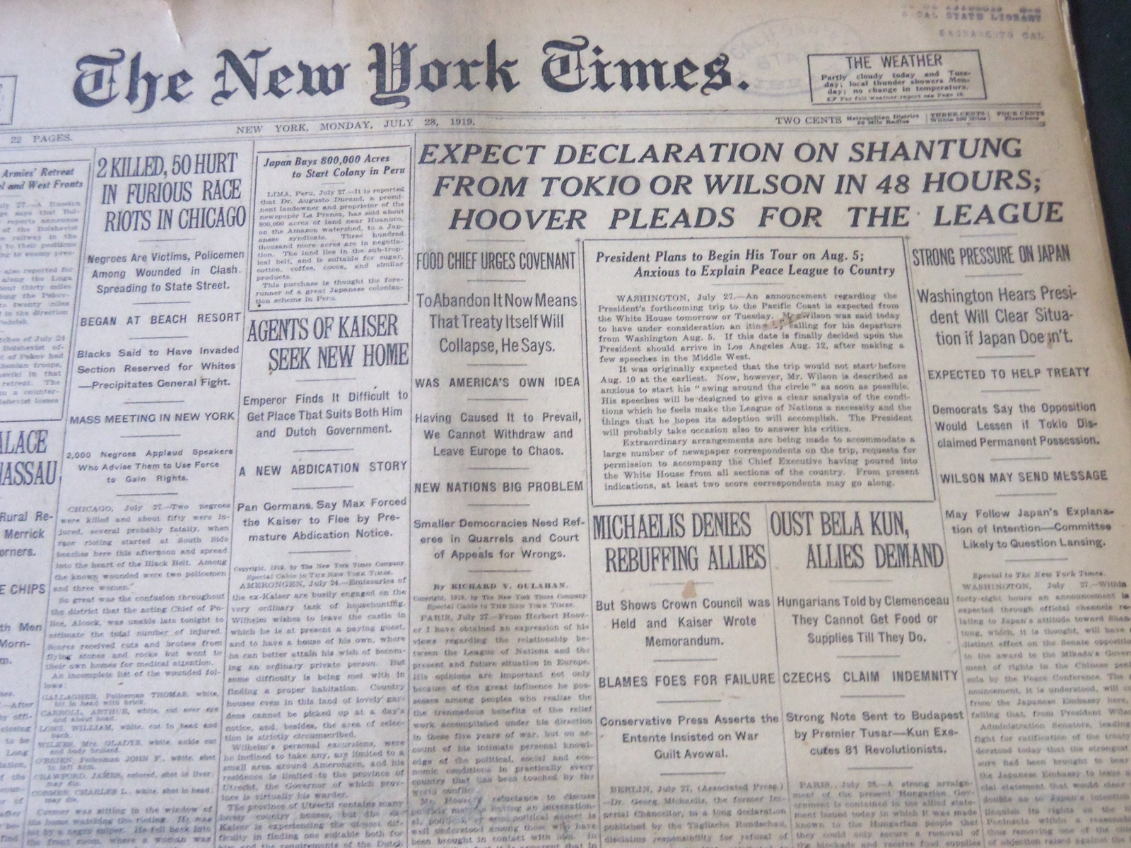 1919 JULY 28 NEW YORK TIMES - EXPECT DECLARATION ON SHANTUNG - NT 6435 1919 JULY 28 NEW YORK TIMES - EXPECT DECLARATION ON SHANTUNG - NT 6435