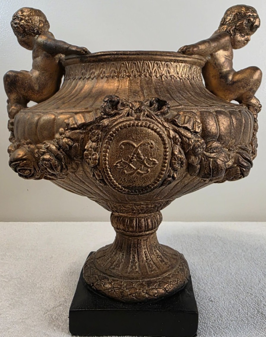 Vintage Milano Designs Twin Cherubs Bronze Gold Plaster Decorative Bowl Urn Used Vintage Milano Designs Twin Cherubs Bronze Gold Plaster Decorative Bowl Urn Used