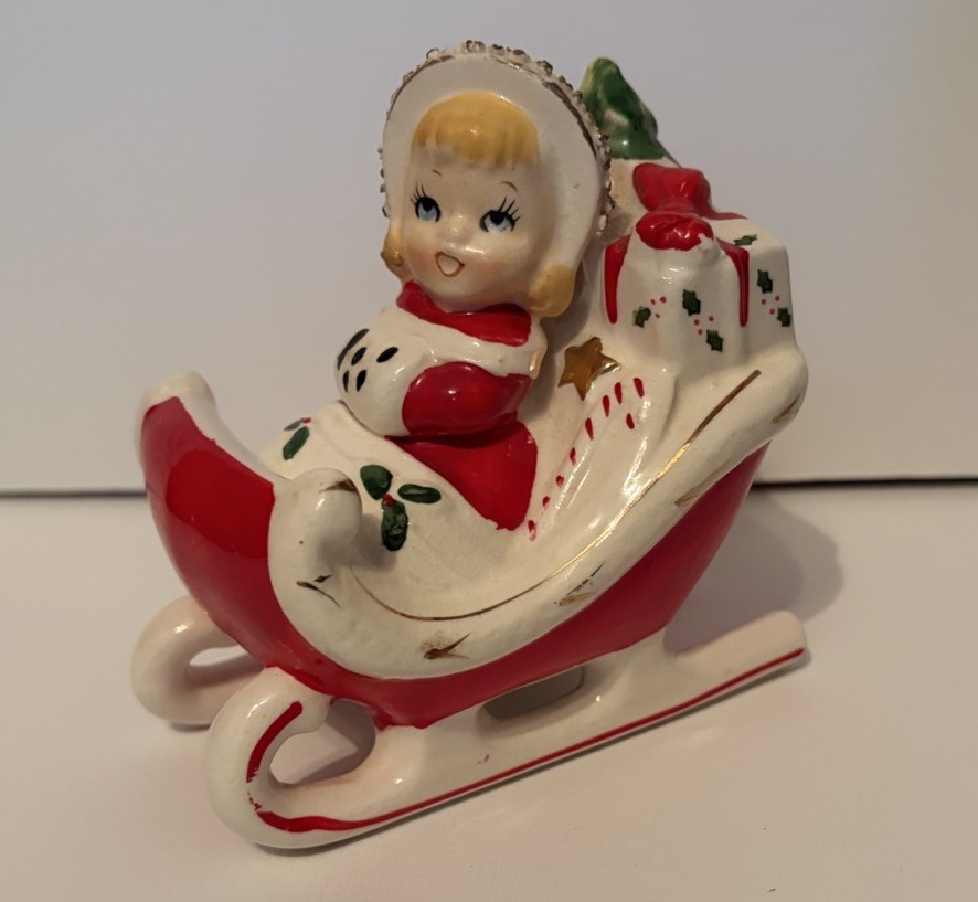 Vintage Relco Japan Christmas Girl In Sleigh Ceramic Figurine Vintage Relco Japan Christmas Girl In Sleigh Ceramic Figurine