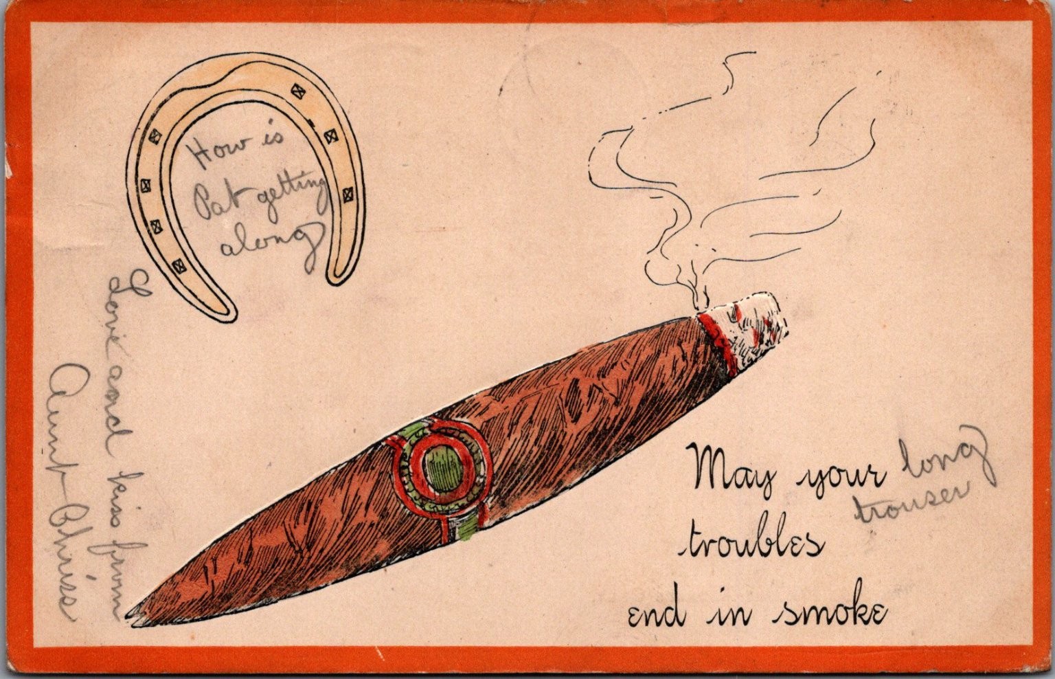 1906 Comic Cigar Horseshoe Postcard Newark NJ Postmark Franz Huld 1906 Comic Cigar Horseshoe Postcard Newark NJ Postmark Franz Huld