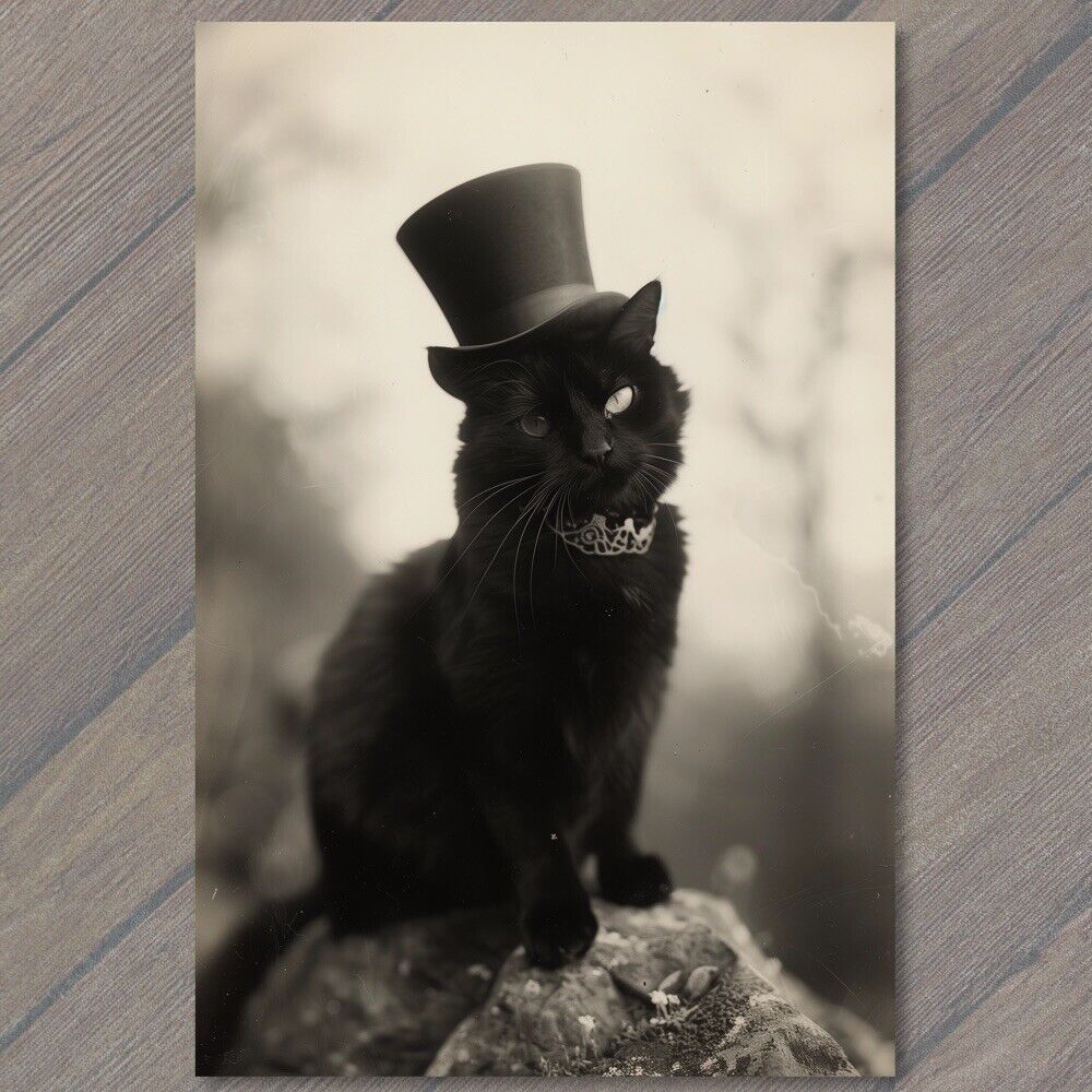 POSTCARD Cat in Hat Weird Beautiful Black Strange Cute Fun Humanized Kitten