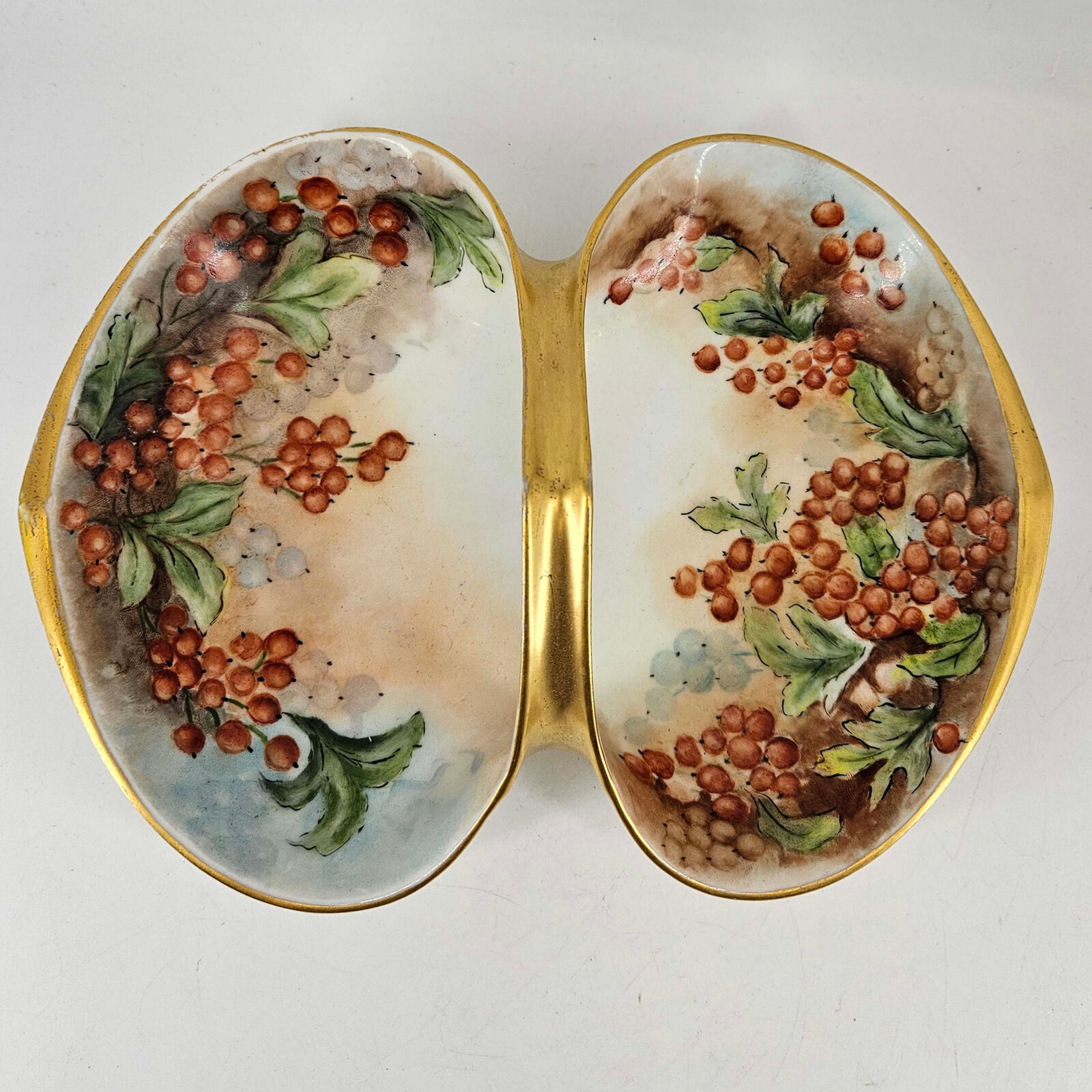 Vintage RS Germany Hand Painted Porcelain Gilded basket divided dish decor