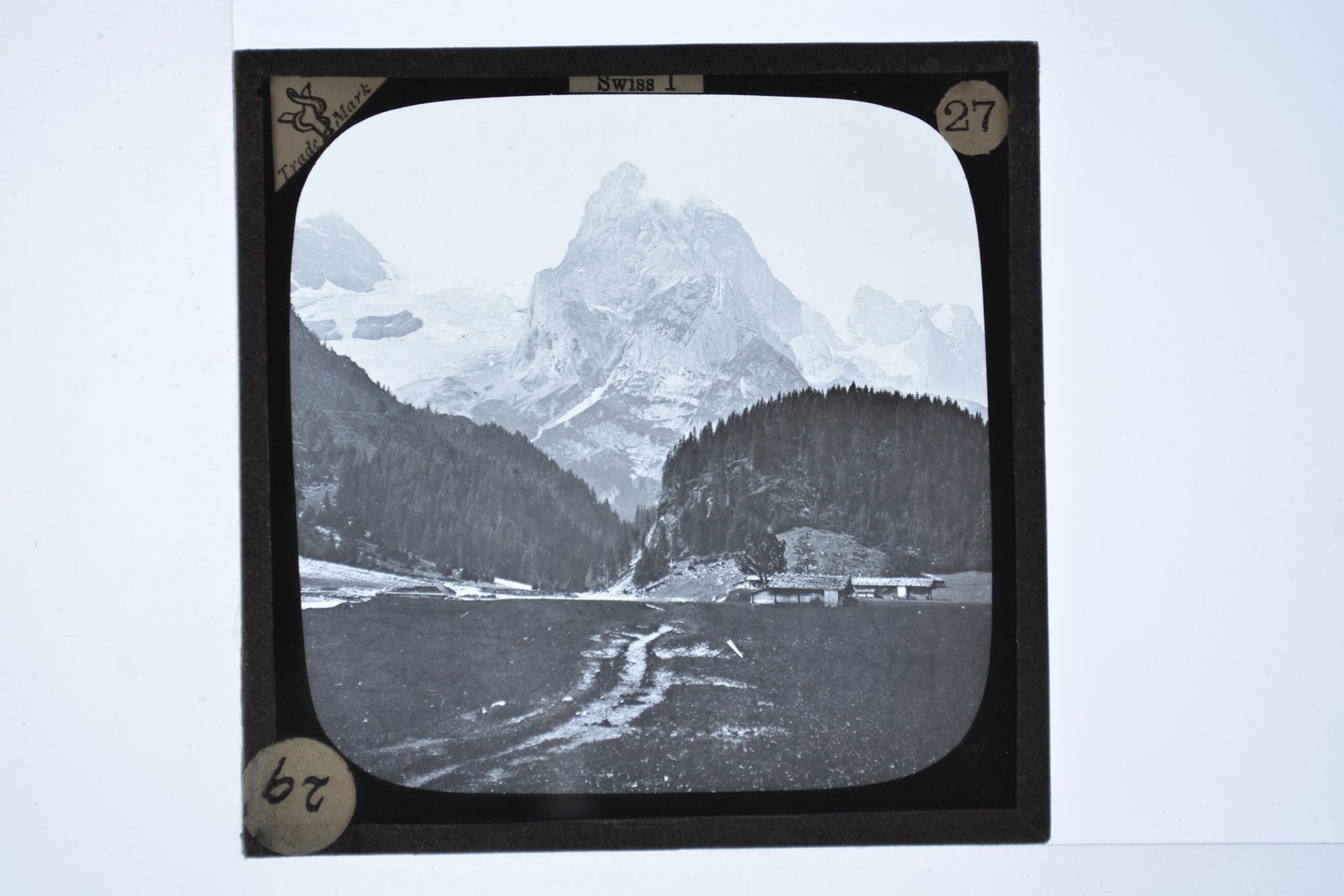 Swiss Alps Mountain Peak Valley Chalets Magic Lantern Slide c1900s