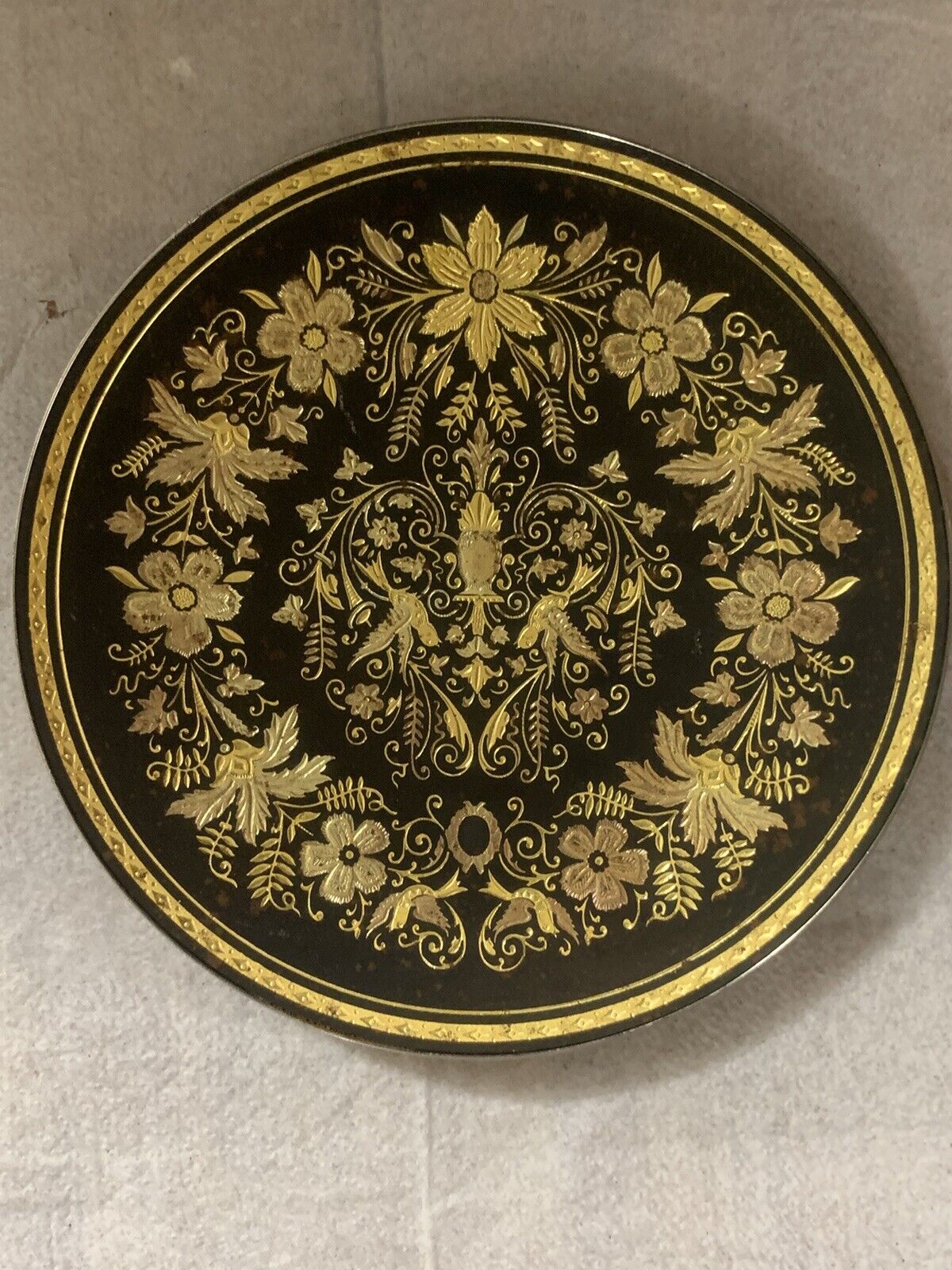 Damascene Toledo Gold Inlaid Birds Intricate Plate / footed dish 6.5