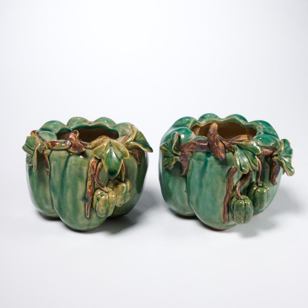 Vintage Ceramic Pottery Green Bell Pepper Form Planter Jardiniere Pot Pair 4.25\