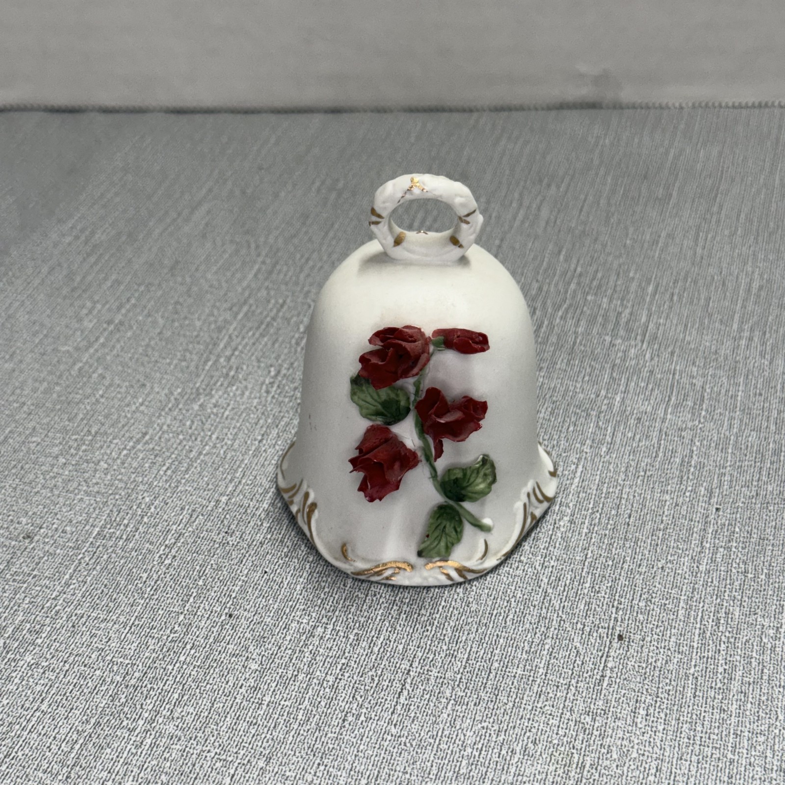 Vintage Bisque Porcelain Bell Red Roses Gold Trim Figurine Decor