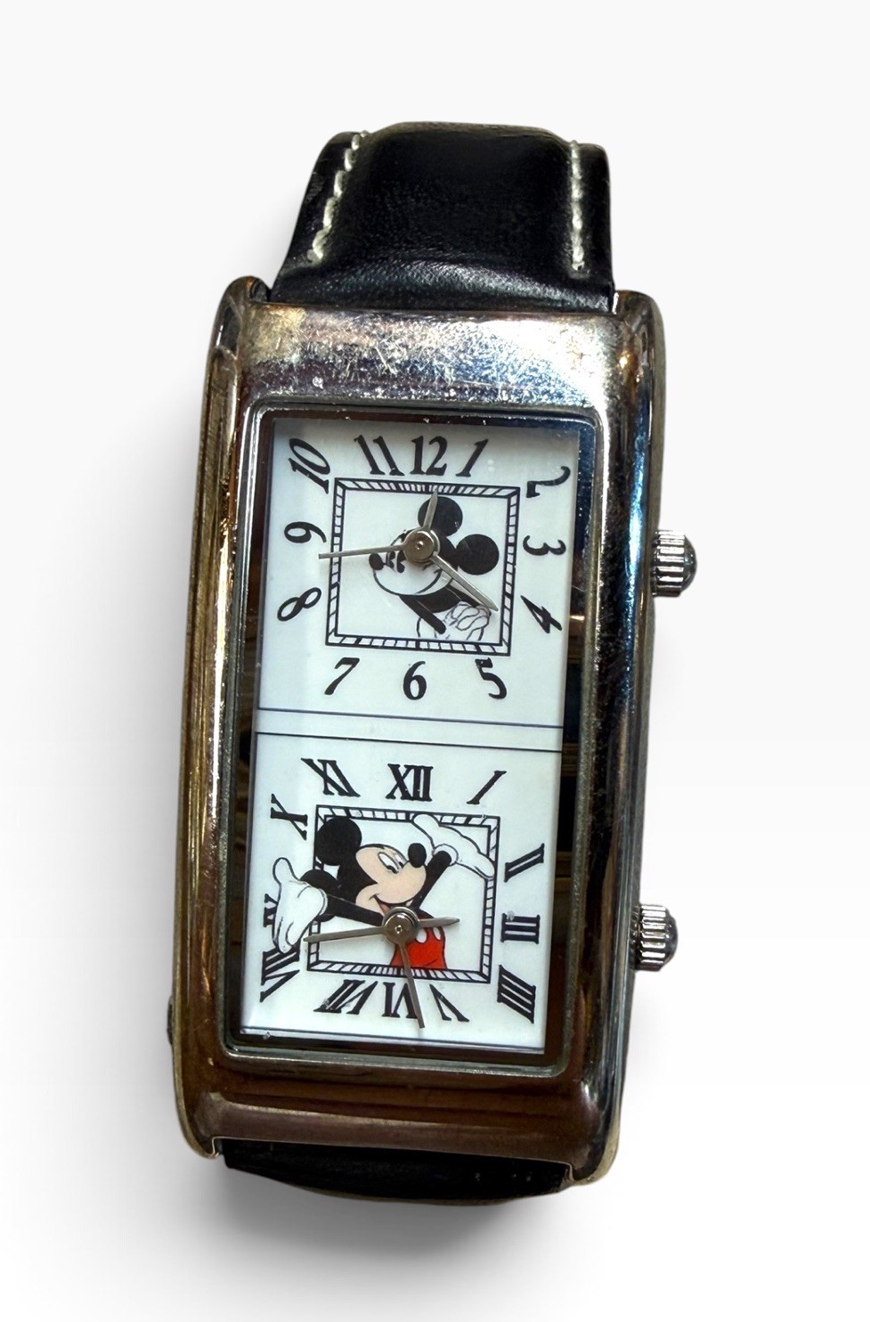 Vintage Disney Y2K Mickey Mouse Dual Time Zone Tank Watch New Battery