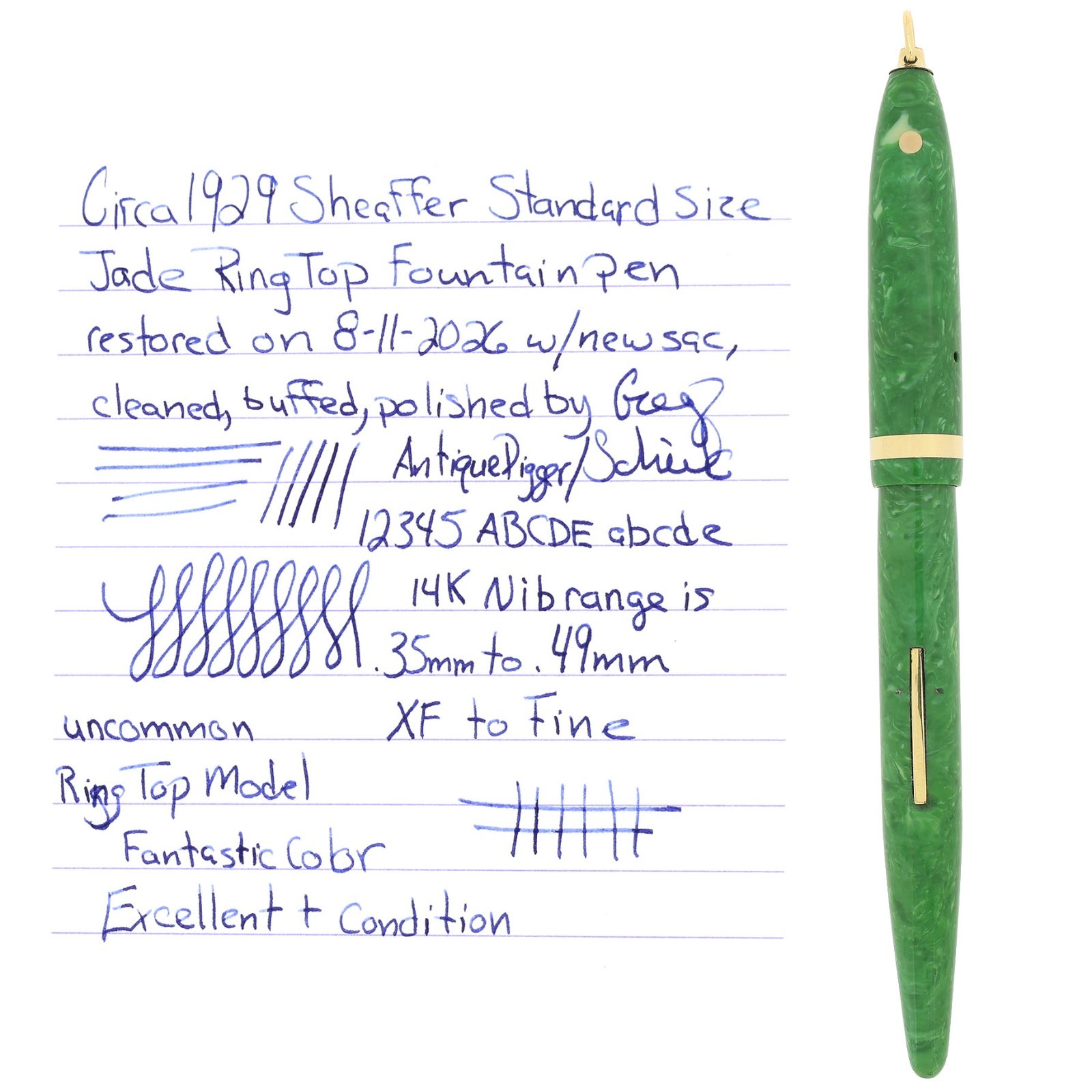 SCARCE 1929 SHEAFFER JADE GREEN STANDARD RING TOP BALANCE FOUNTAIN PEN RESTORED