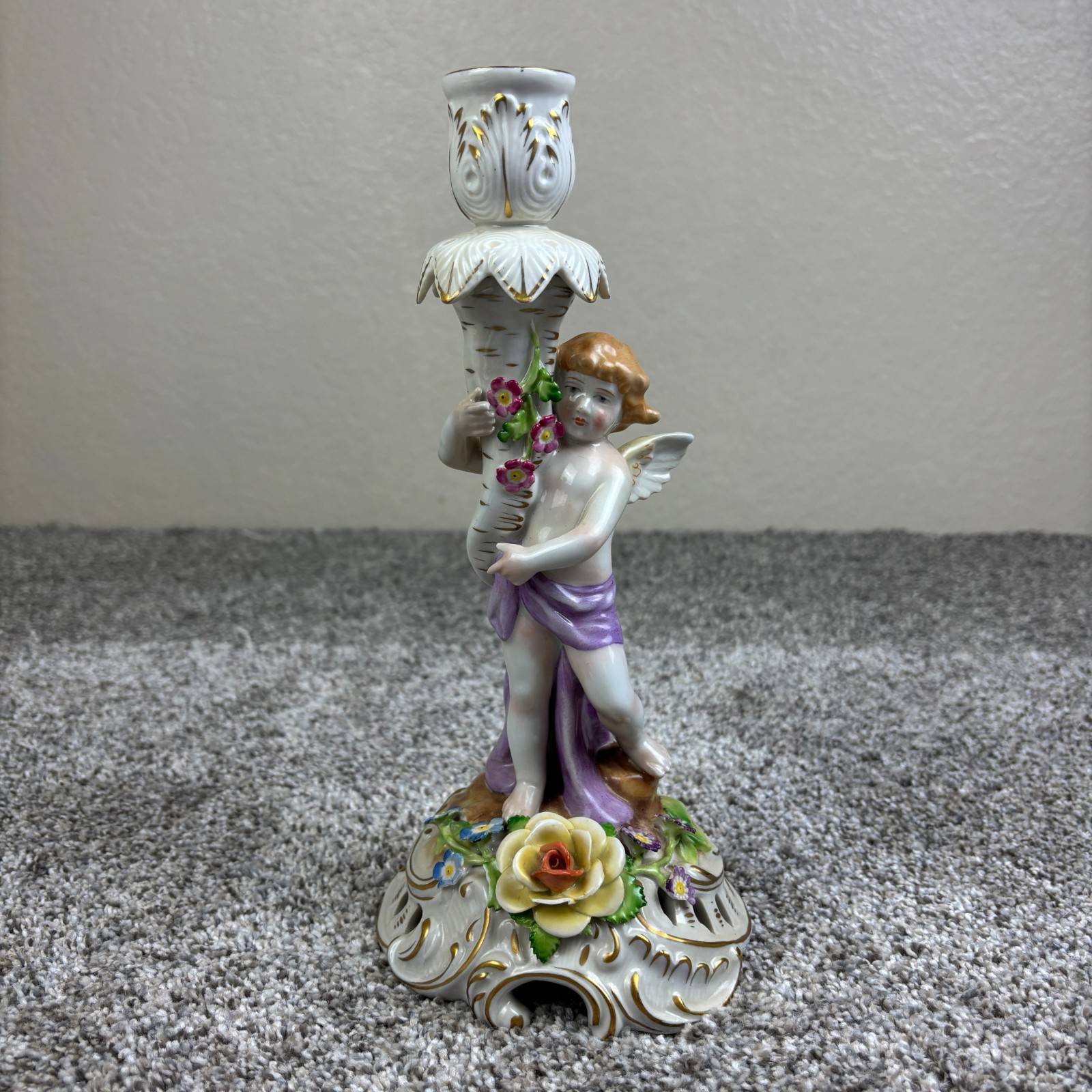 Vintage Antique Von Schierholz Porcelain Hand-Painted Cherub Candle Holder READ