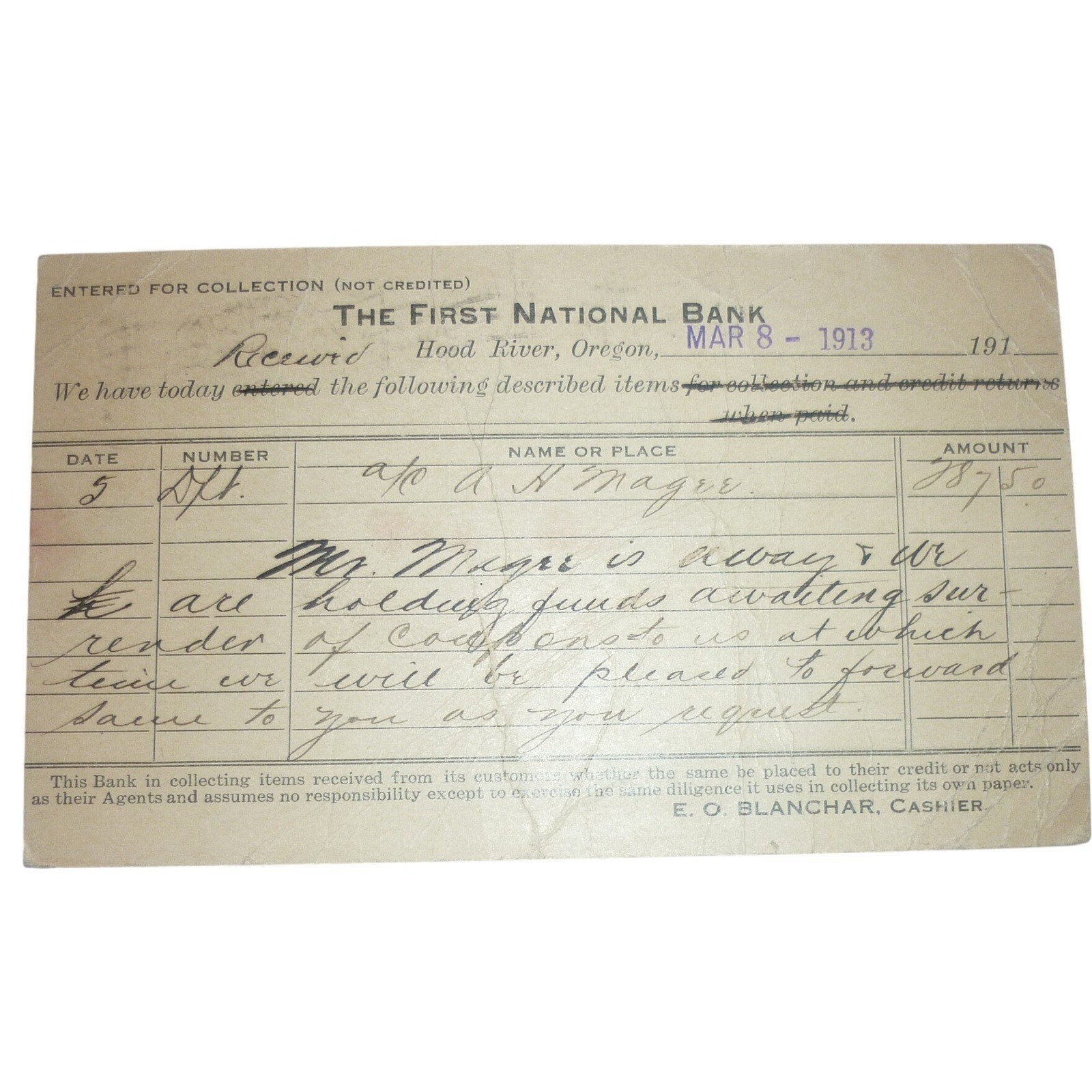 1913 Hood River Oregon First National Bank Collection Notice Ephemera Magee