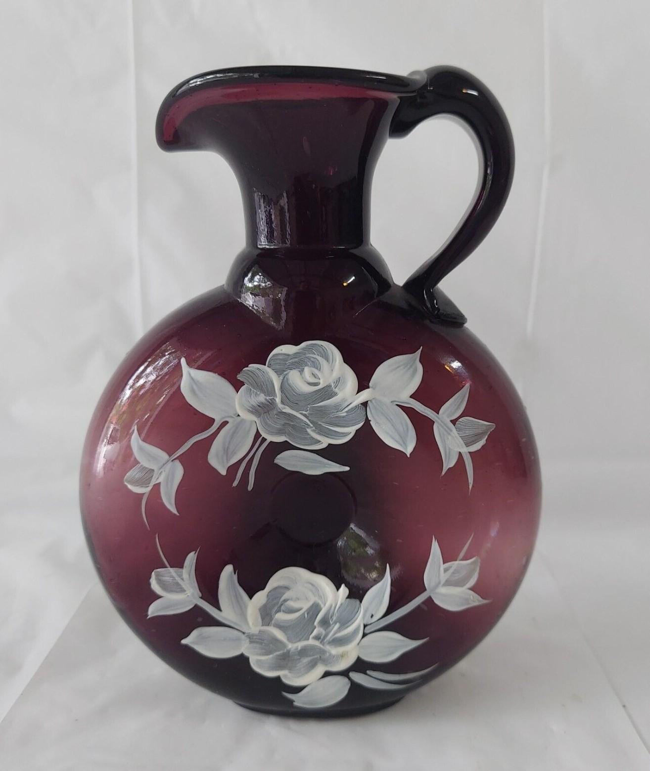 Vintage Fenton Depression Hand Blown Amethyst Pitcher Hand Painted By B.Thoruton