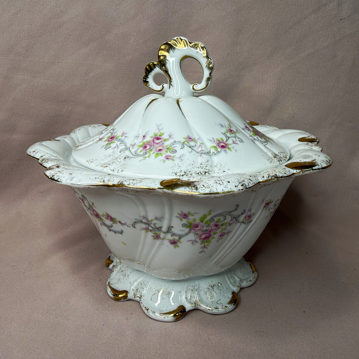 Vintage Lefton China KW1709 Covered Footed Vegetable Serving Bowl Pink Roses
