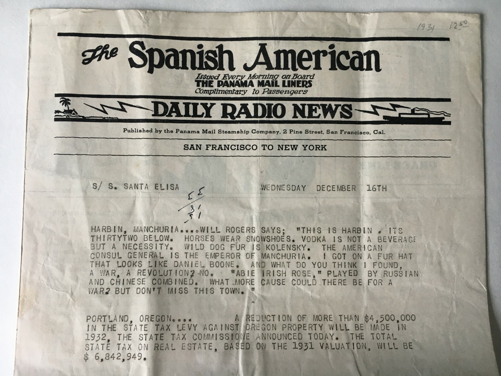 1931 Panama Mail Steamship Co Onboard Newspaper Daily Radio News SS Santa Elisa