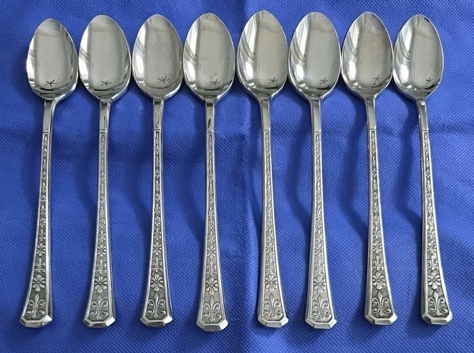 Vintage Interpur Florenz Stainless Iced Tea Spoons Set of 8 Floral Flatware MCM