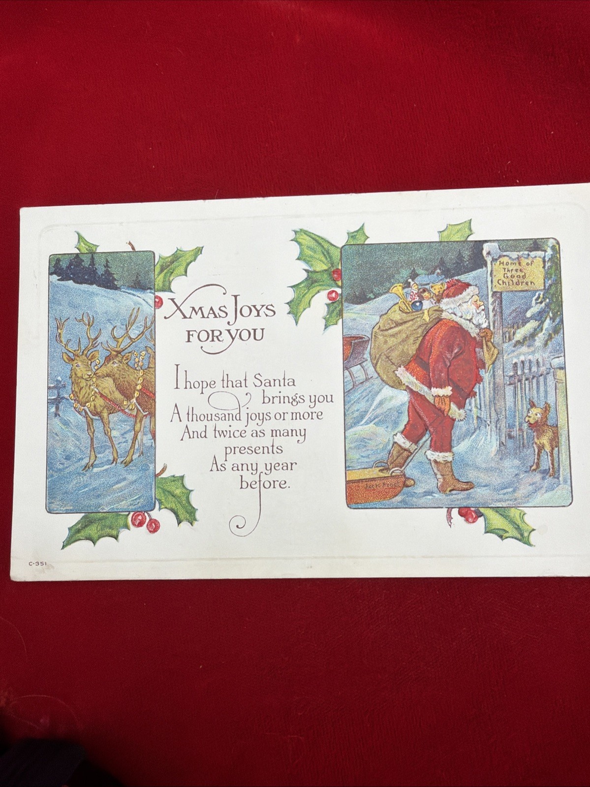 Gorgeous Antique Christmas Postcard Embossed Santa Reindeer