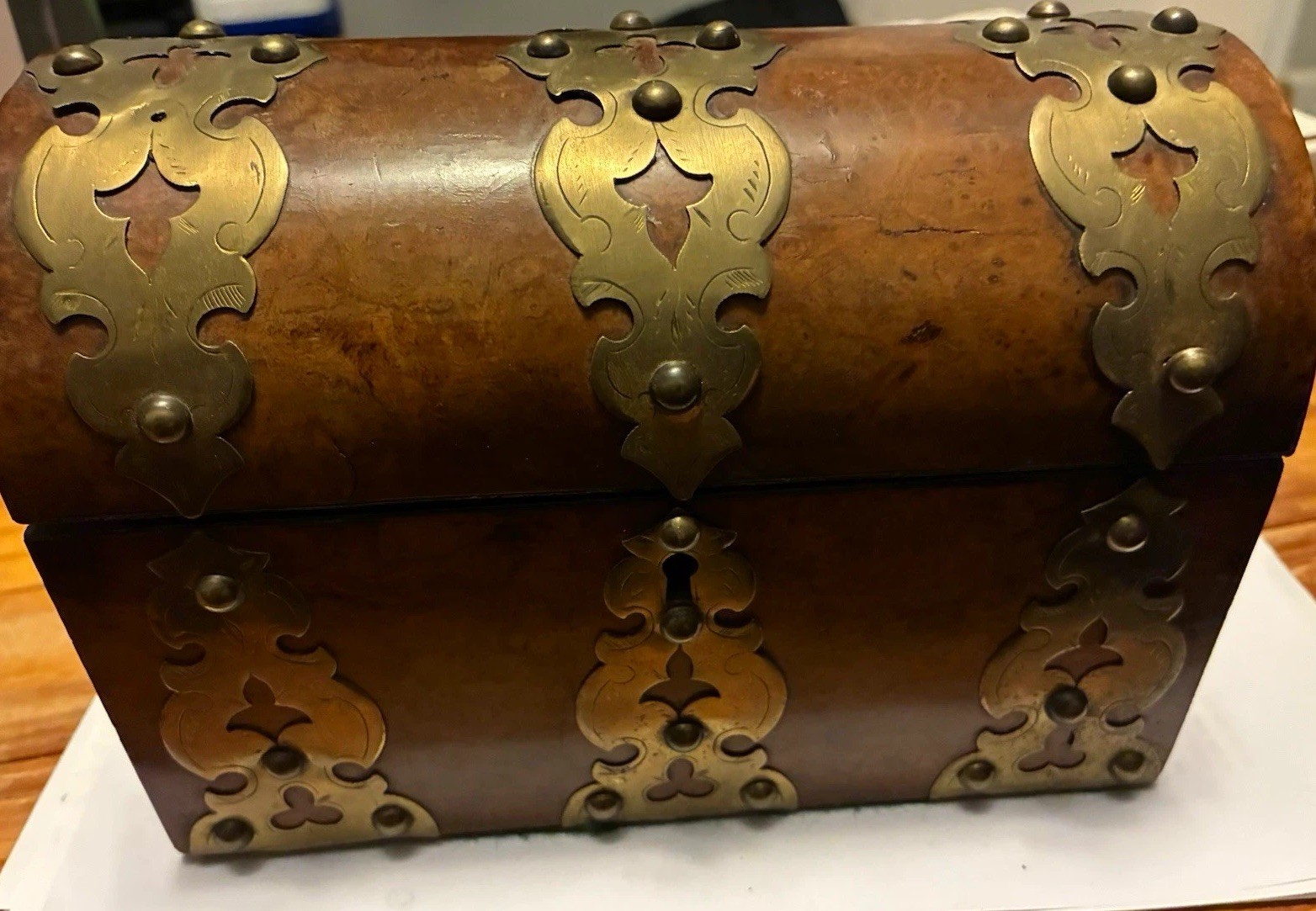 Antique Victorian Burr Walnut Dome Top Box Brass Strapwork Marbled Paper Interio
