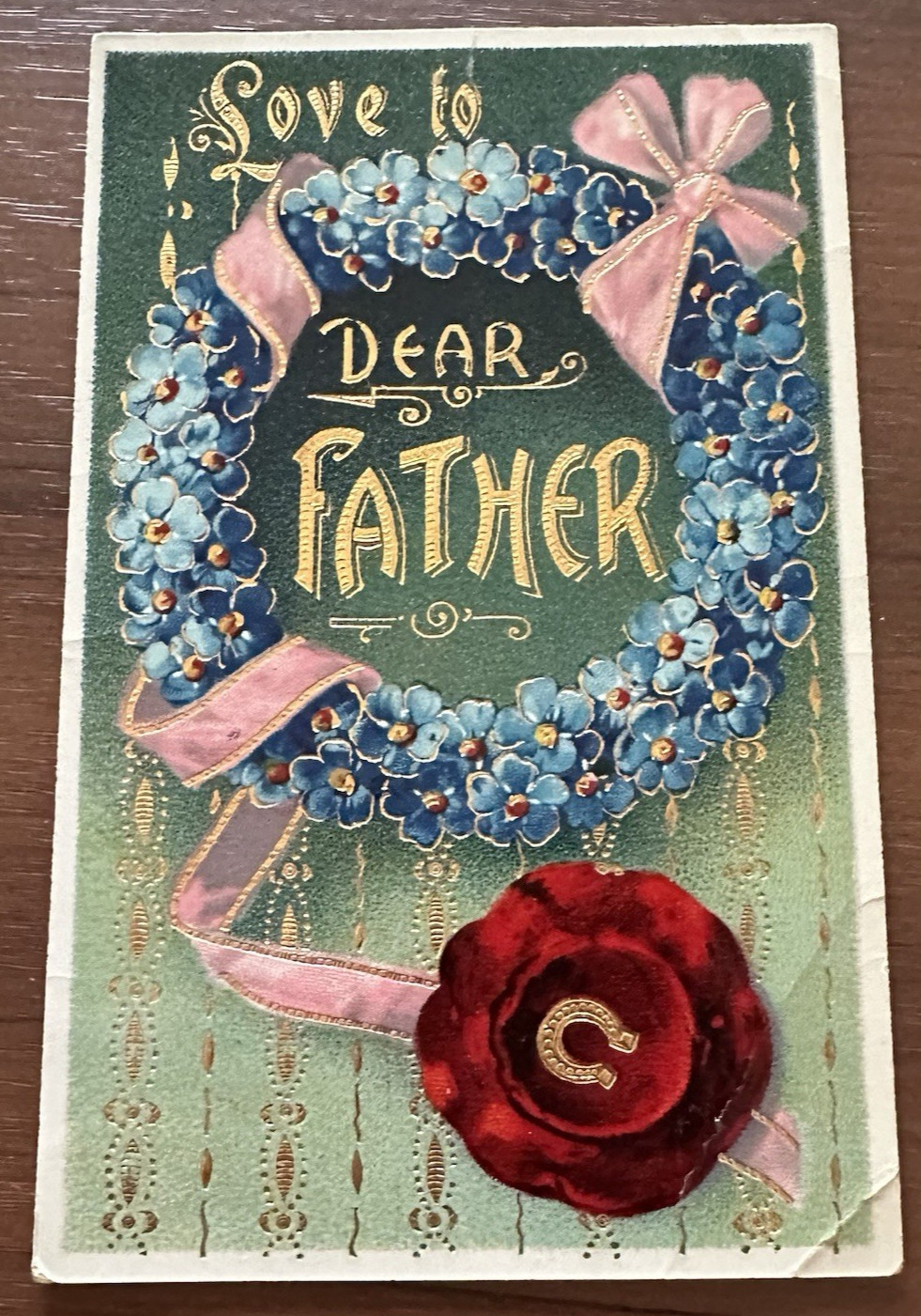Antique 1910s Embossed Father Postcard German Gilt Floral Wreath Unused