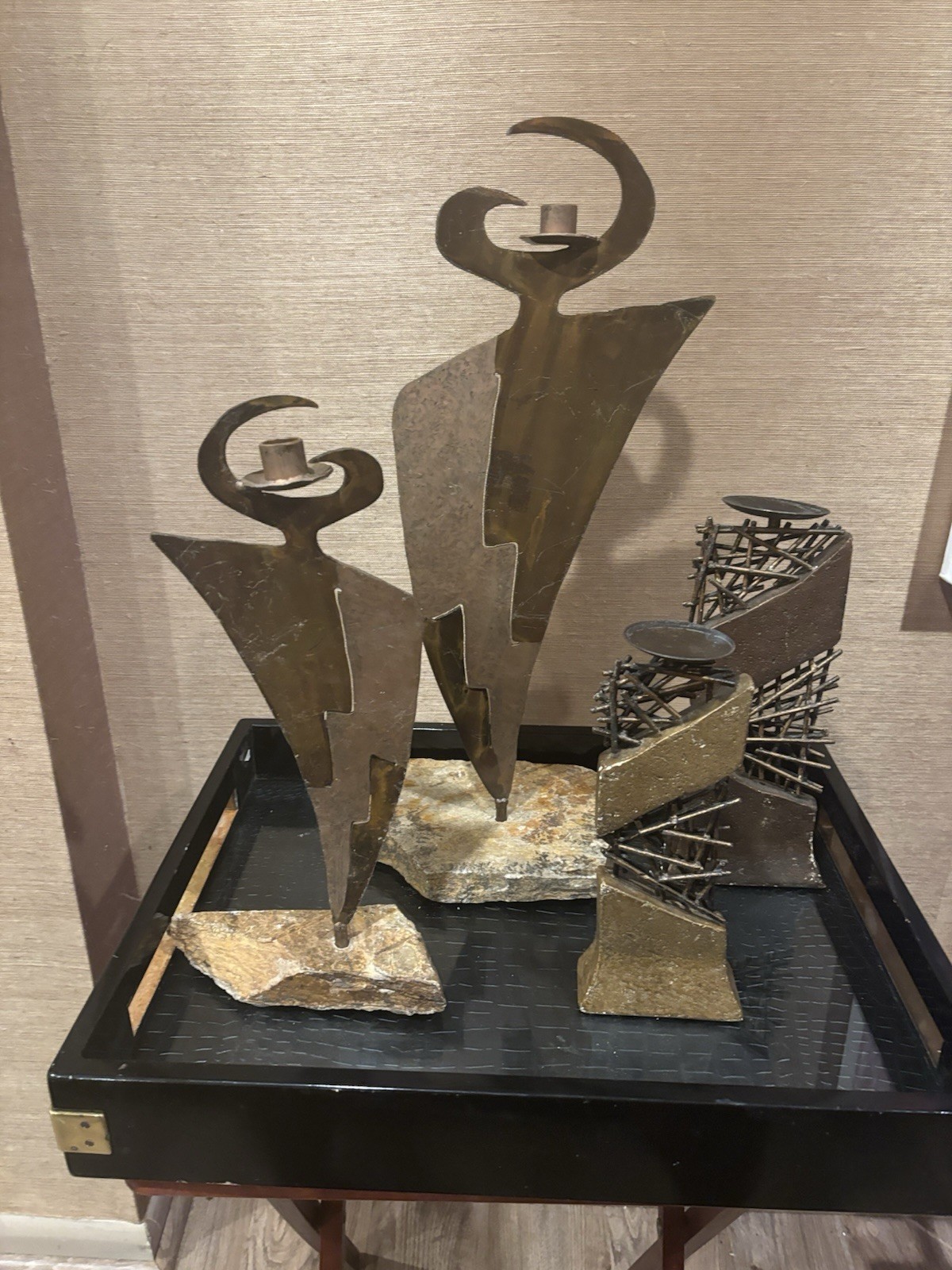 Two (2) Pairs BRUTALIST METAL CANDLEHOLDERS SCULPTURE ABSTRACT Mid Century Mod