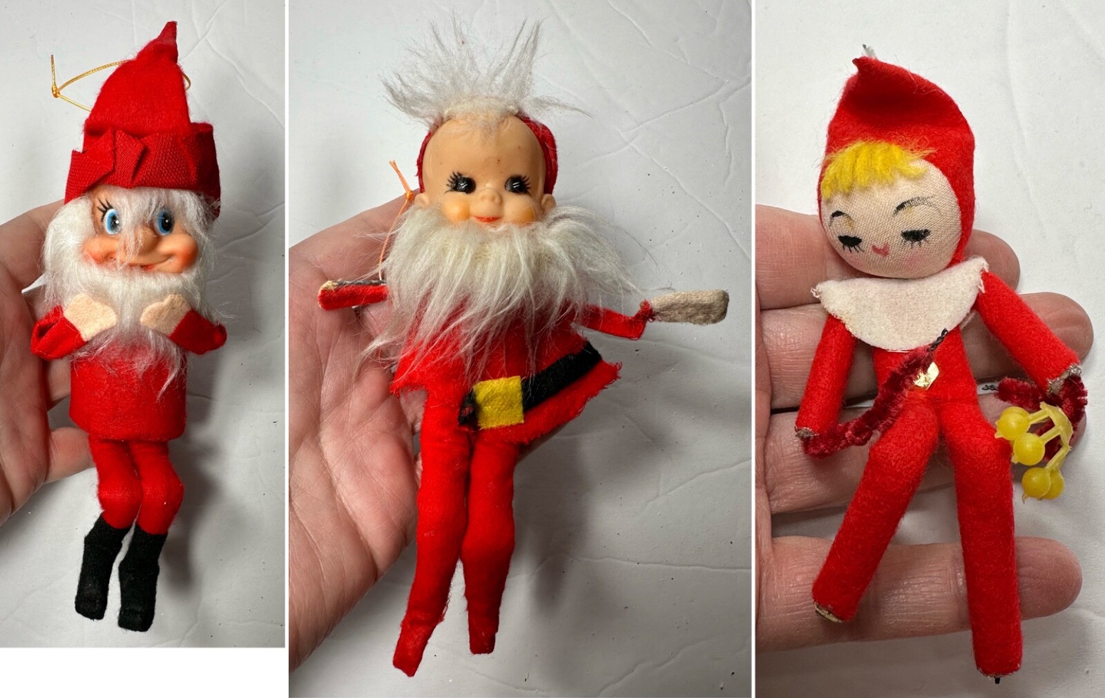 Lot 3 Vintage Large Santa Pixie Elf Elves Knee Hugger Christmas Ornament Japan