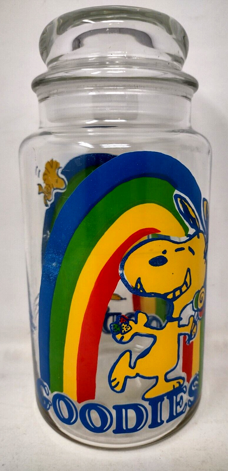 Vintage Peanuts Snoopy Woodstock Rainbow Goodies Glass Candy Cookie Jar 8.25 in