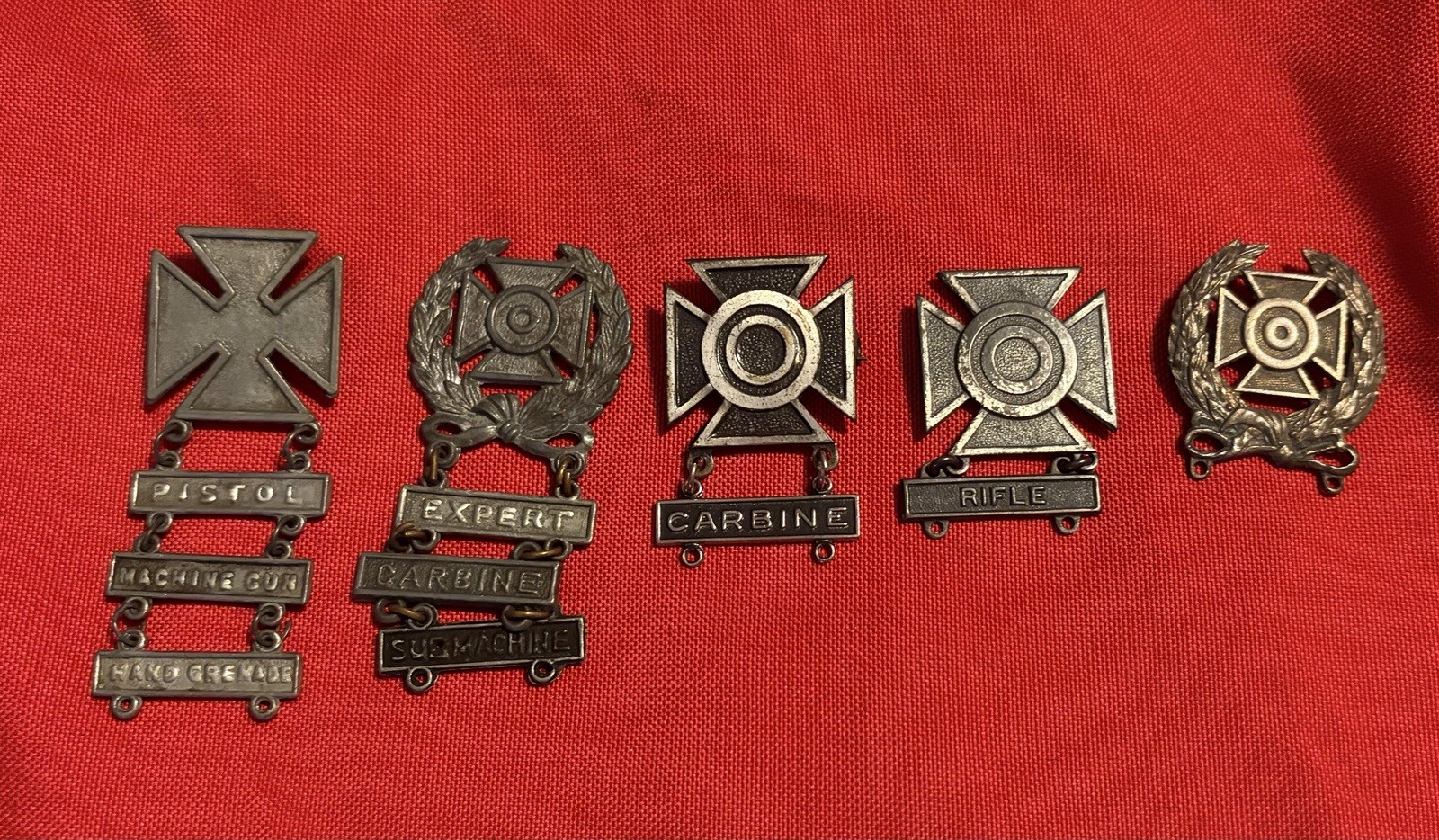 Lot of 5 Vintage US Army Marksmanship Badges - 2 Marked STERLING Rifle Carbine