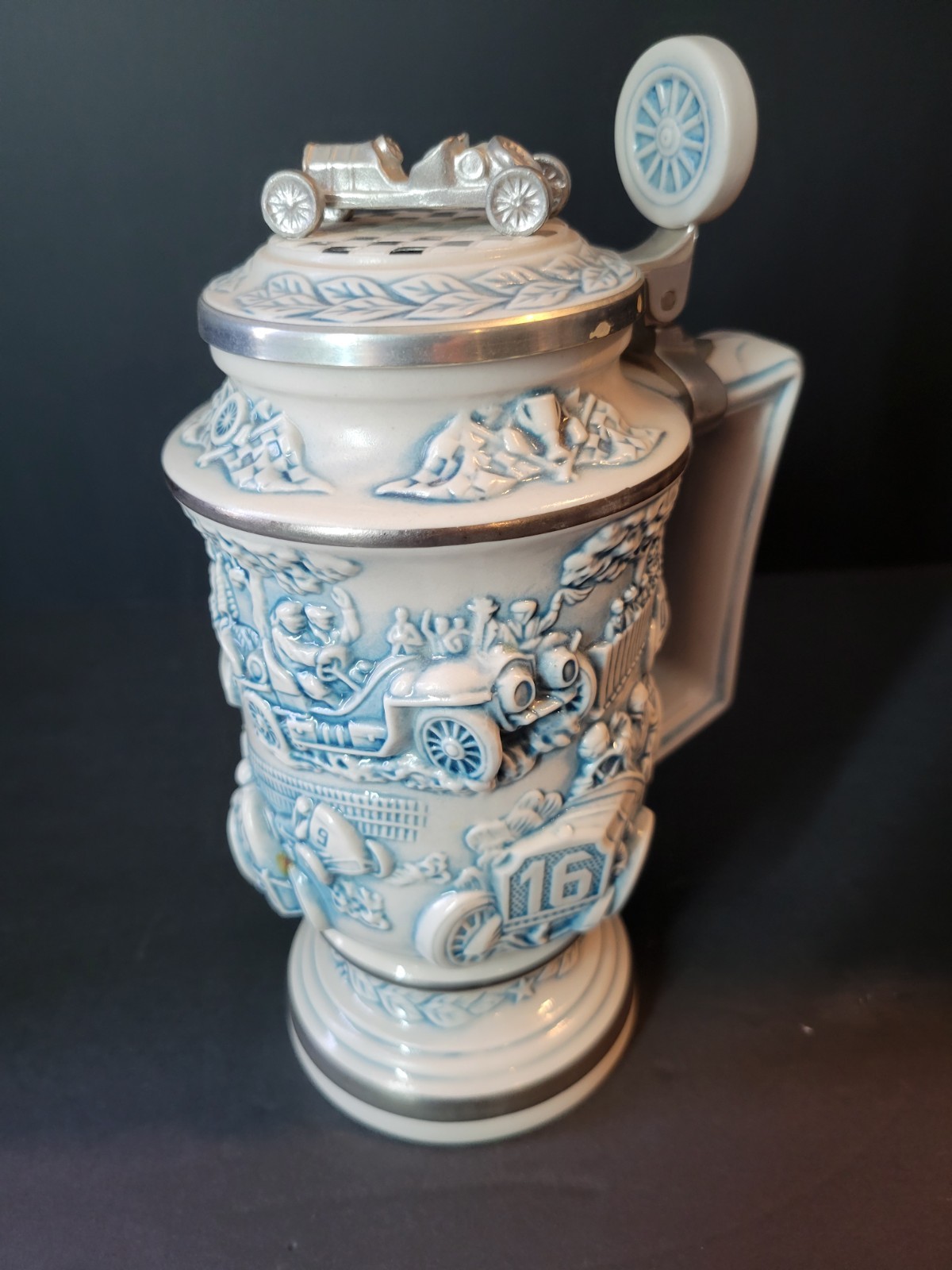 Vintage 1989 Avon Blue/White ceramic/pewter Racing Car Stein #154351 Brazil Vintage 1989 Avon Blue/White ceramic/pewter Racing Car Stein #154351 Brazil