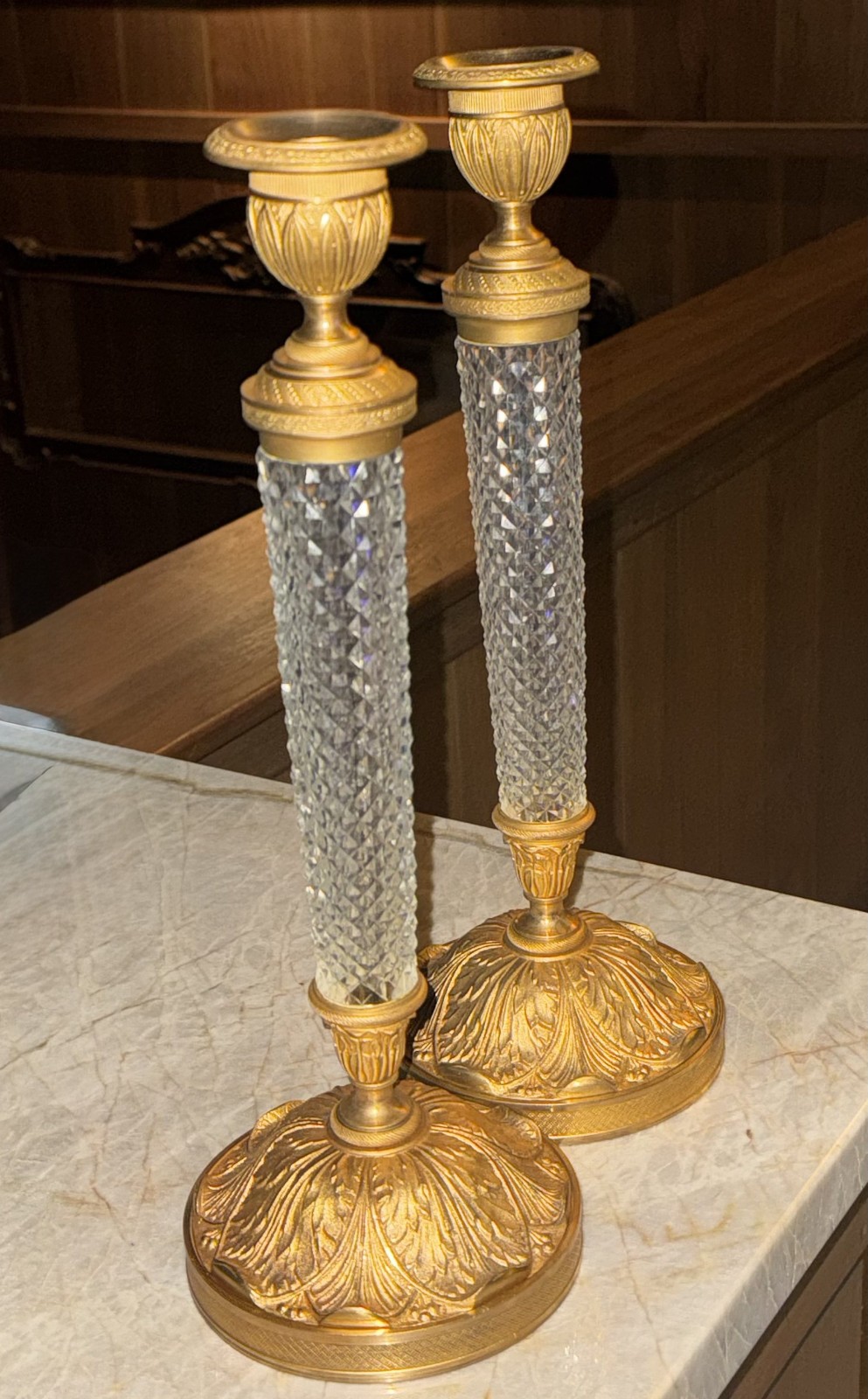 Pair Austrian Gilt-Bronze Cut Glass Candlesticks French Empire Style 13 1/2