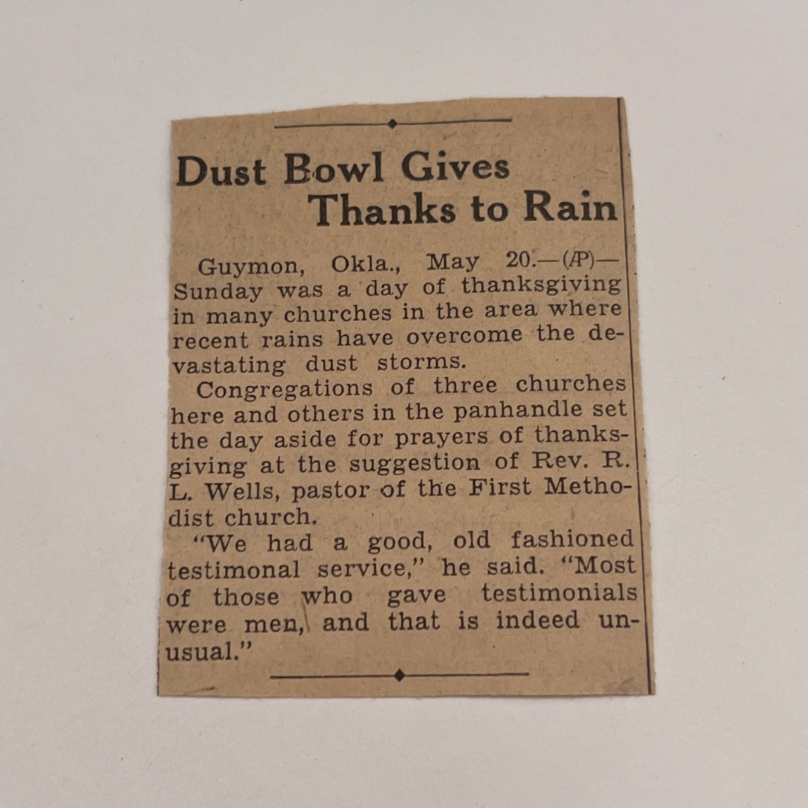 Dust Bowl Thanksgiving Rev, R.L. Wells 1935 Minneapolis Newspaper Ad SAG7-M16 Dust Bowl Thanksgiving Rev, R.L. Wells 1935 Minneapolis Newspaper Ad SAG7-M16