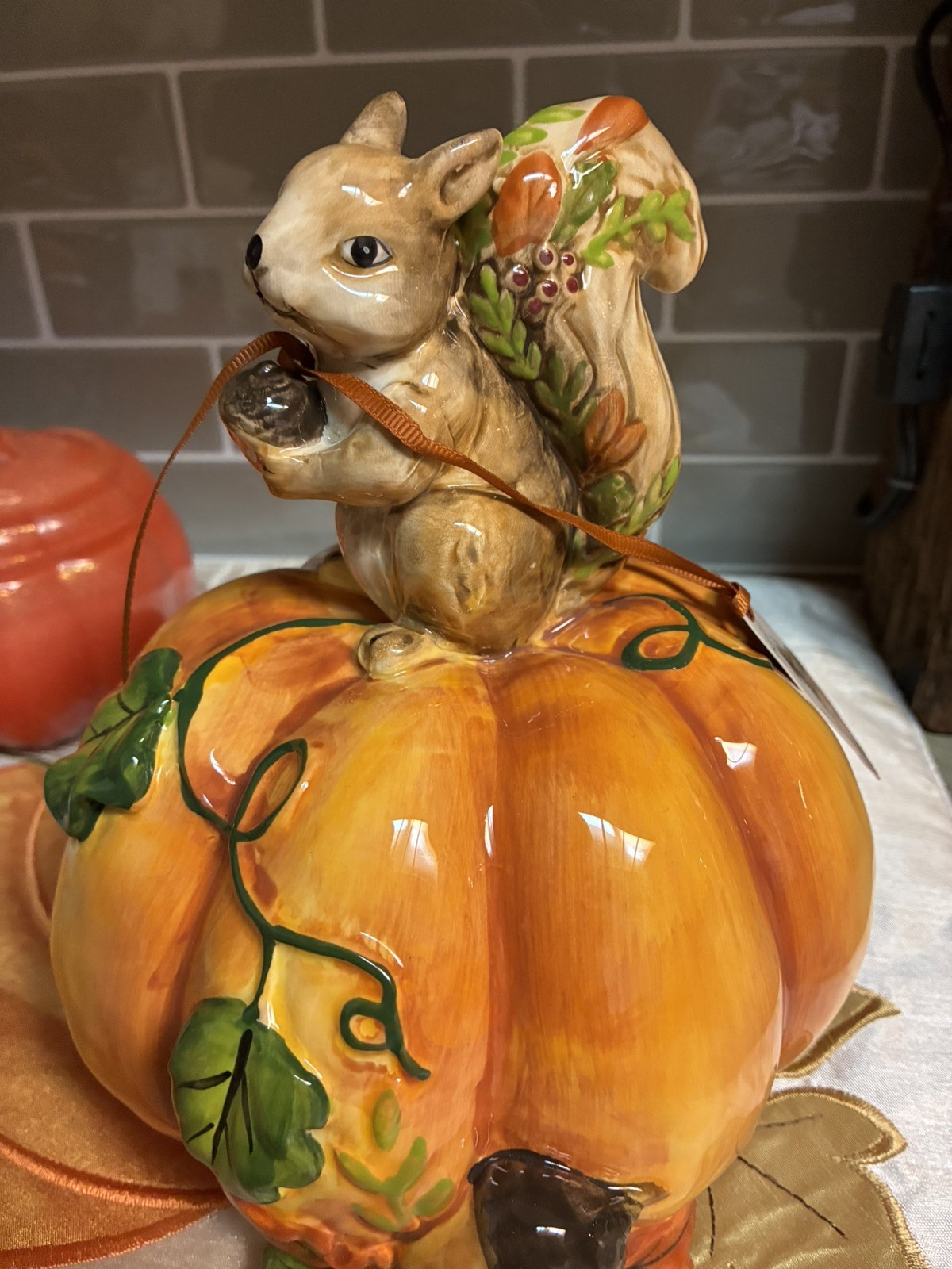 Blue Sky Harvest Bounty Squirrel Pumpkin Ceramic Figurine 8” Fall Decor NEW 